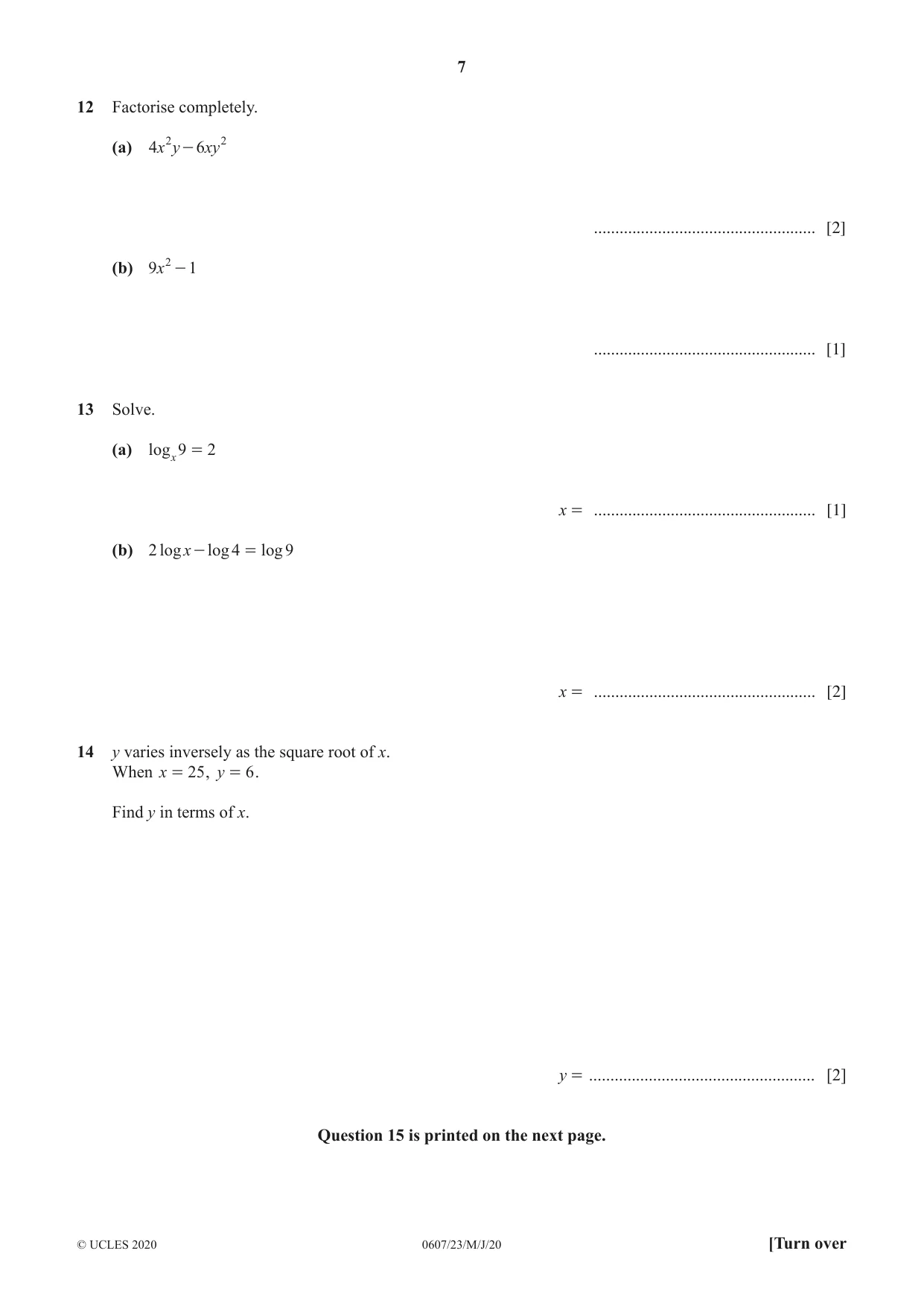 Cambridge IGCSE Mathematics - International 0607 2020 May/June Paper 2 · Variant 3 question paper, page 7 of 8