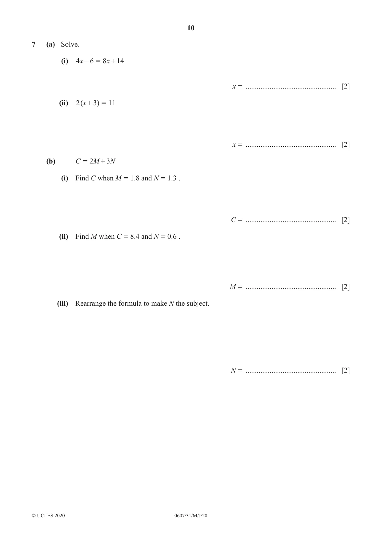 Cambridge IGCSE Mathematics - International 0607 2020 May/June Paper 3 · Variant 1 question paper, page 10 of 16