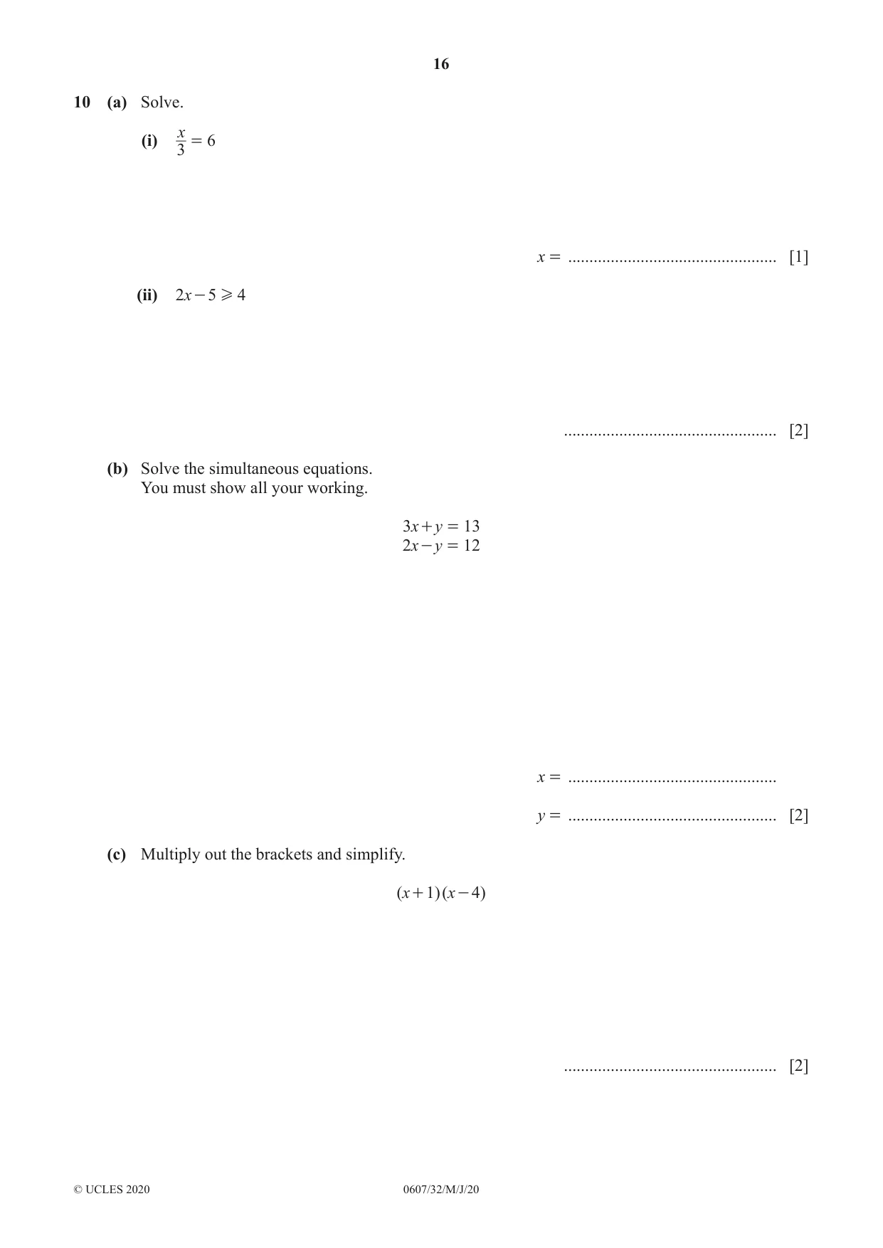 Cambridge IGCSE Mathematics - International 0607 2020 May/June Paper 3 · Variant 2 question paper, page 16 of 20