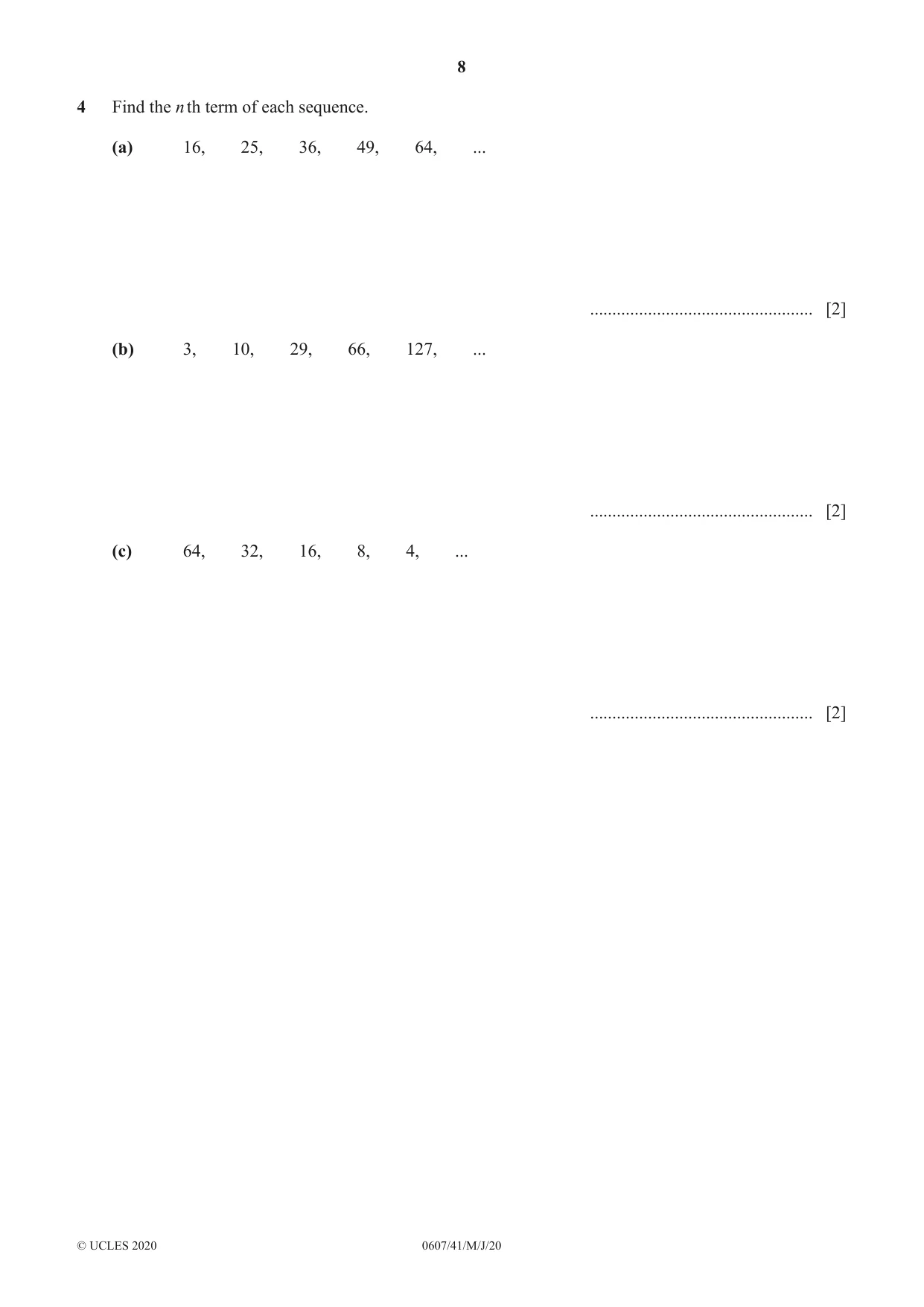 Cambridge IGCSE Mathematics - International 0607 2020 May/June Paper 4 · Variant 1 question paper, page 8 of 20