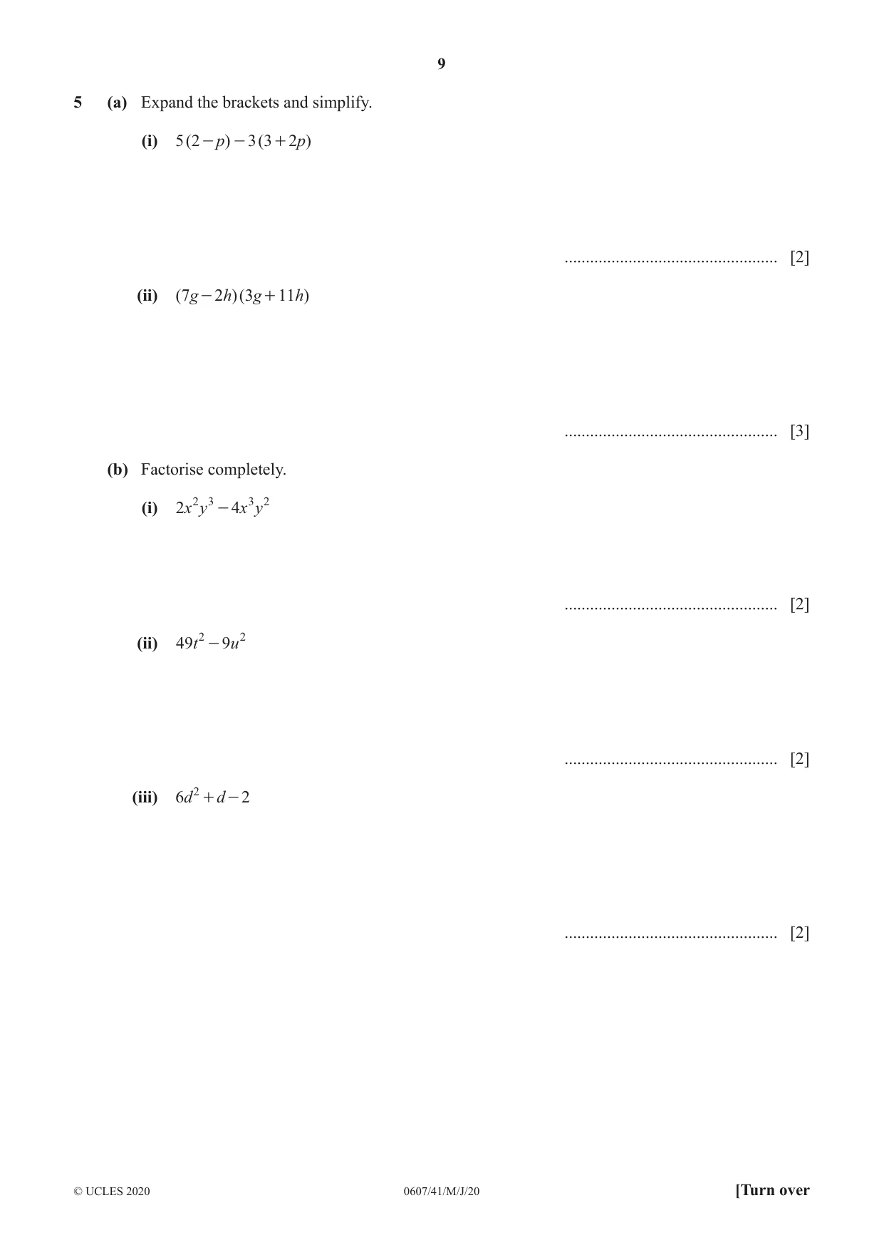 Cambridge IGCSE Mathematics - International 0607 2020 May/June Paper 4 · Variant 1 question paper, page 9 of 20