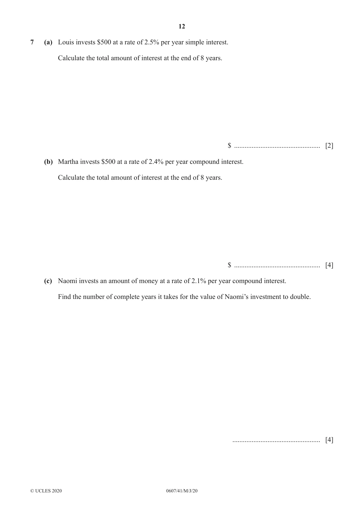 Cambridge IGCSE Mathematics - International 0607 2020 May/June Paper 4 · Variant 1 question paper, page 12 of 20