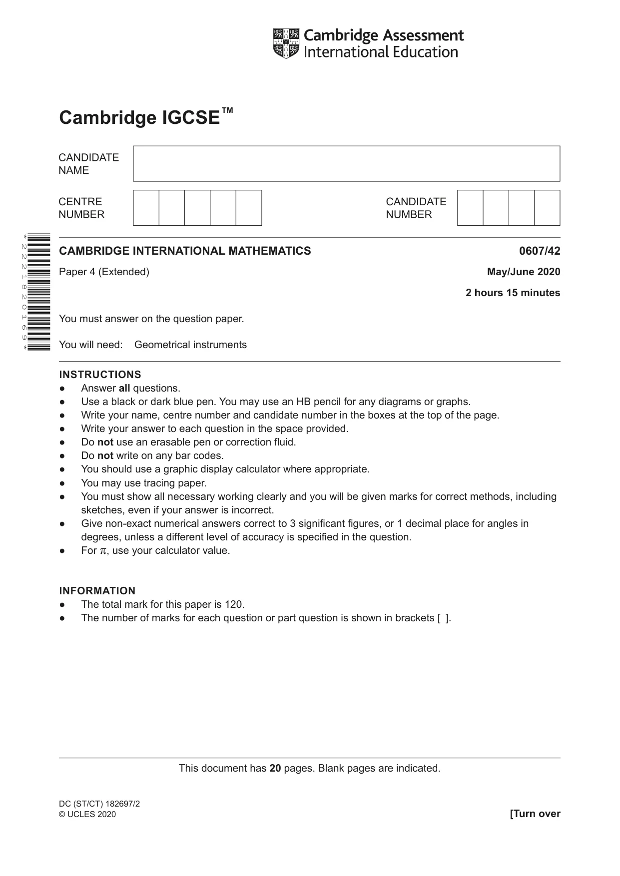 Cambridge IGCSE Mathematics - International 0607 2020 May/June Paper 4 · Variant 2 question paper, page 1 of 20