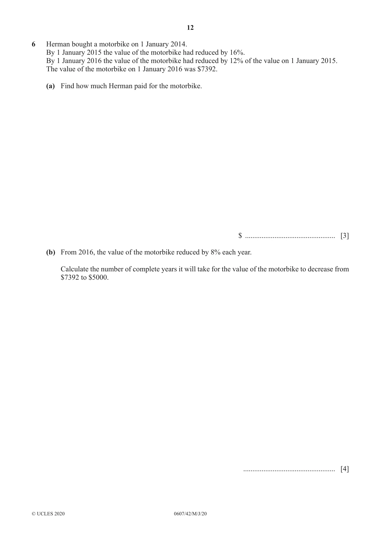 Cambridge IGCSE Mathematics - International 0607 2020 May/June Paper 4 · Variant 2 question paper, page 12 of 20
