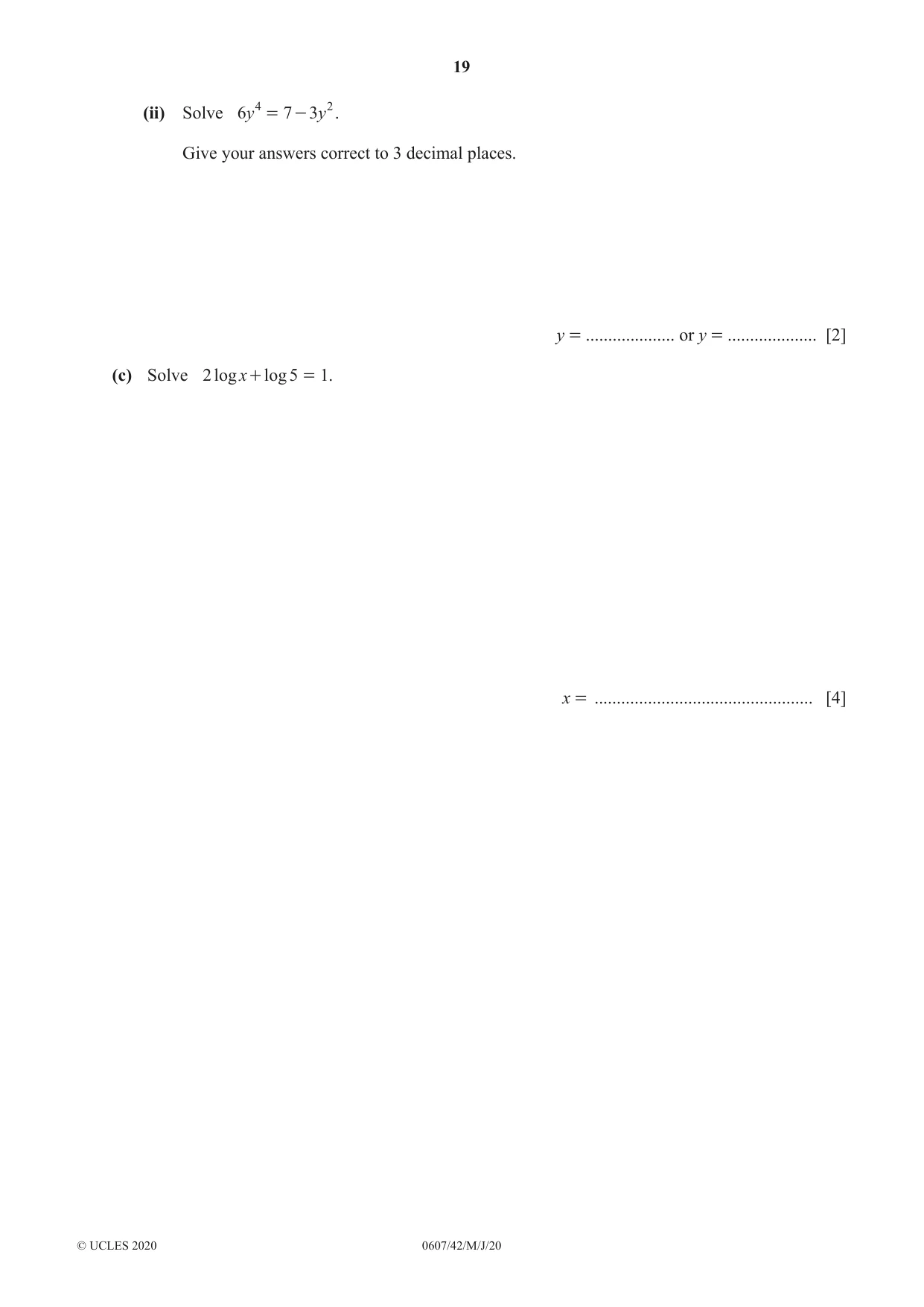 Cambridge IGCSE Mathematics - International 0607 2020 May/June Paper 4 · Variant 2 question paper, page 19 of 20