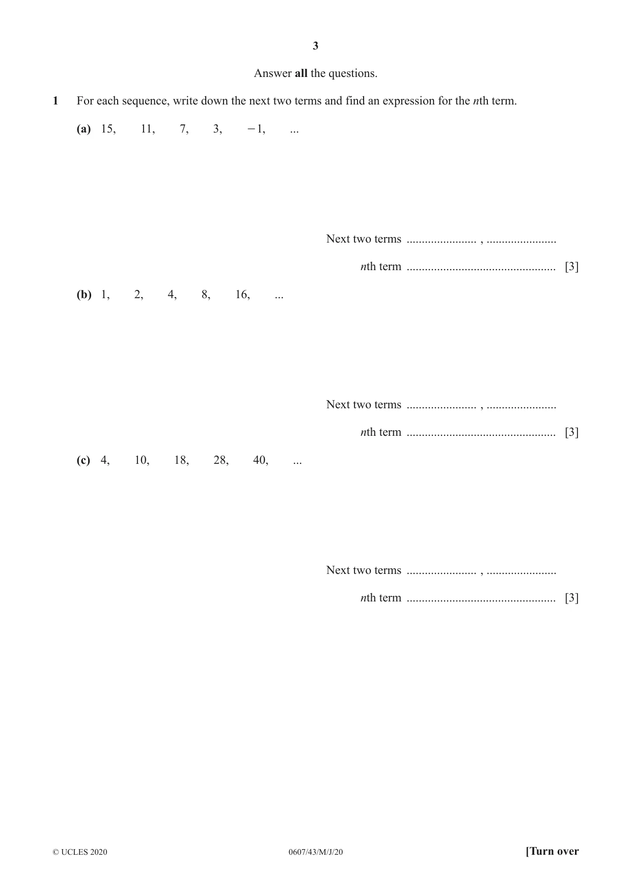 Cambridge IGCSE Mathematics - International 0607 2020 May/June Paper 4 · Variant 3 question paper, page 3 of 20