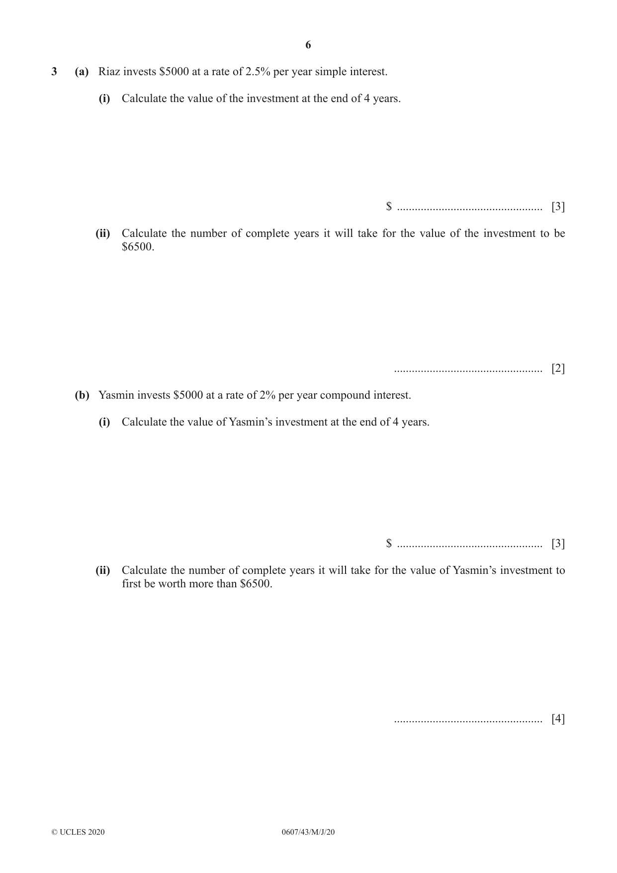 Cambridge IGCSE Mathematics - International 0607 2020 May/June Paper 4 · Variant 3 question paper, page 6 of 20