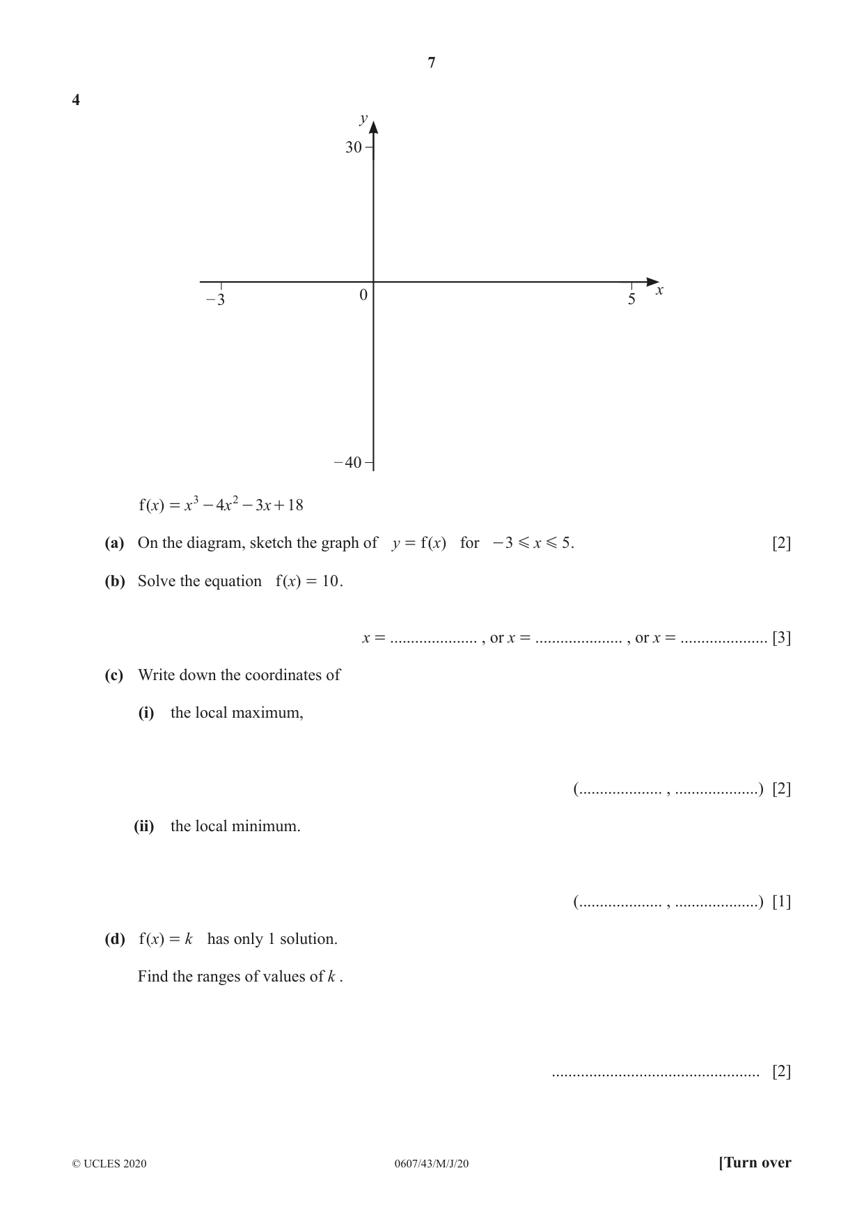 Cambridge IGCSE Mathematics - International 0607 2020 May/June Paper 4 · Variant 3 question paper, page 7 of 20