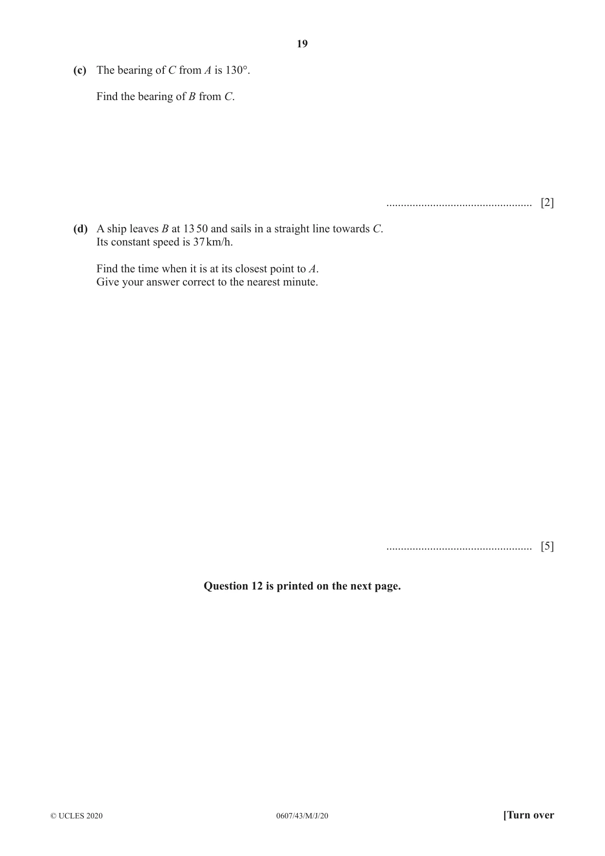 Cambridge IGCSE Mathematics - International 0607 2020 May/June Paper 4 · Variant 3 question paper, page 19 of 20