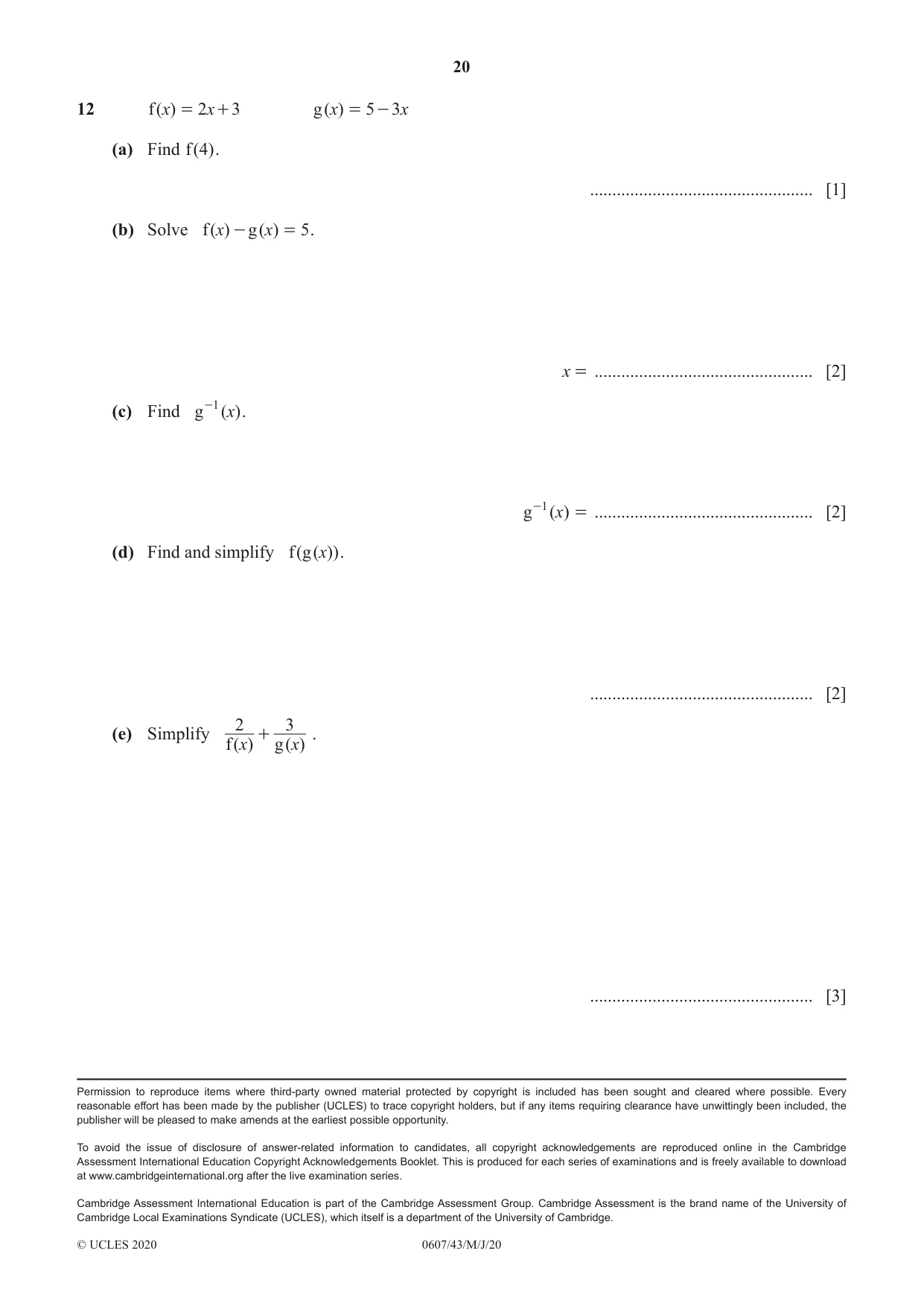 Cambridge IGCSE Mathematics - International 0607 2020 May/June Paper 4 · Variant 3 question paper, page 20 of 20