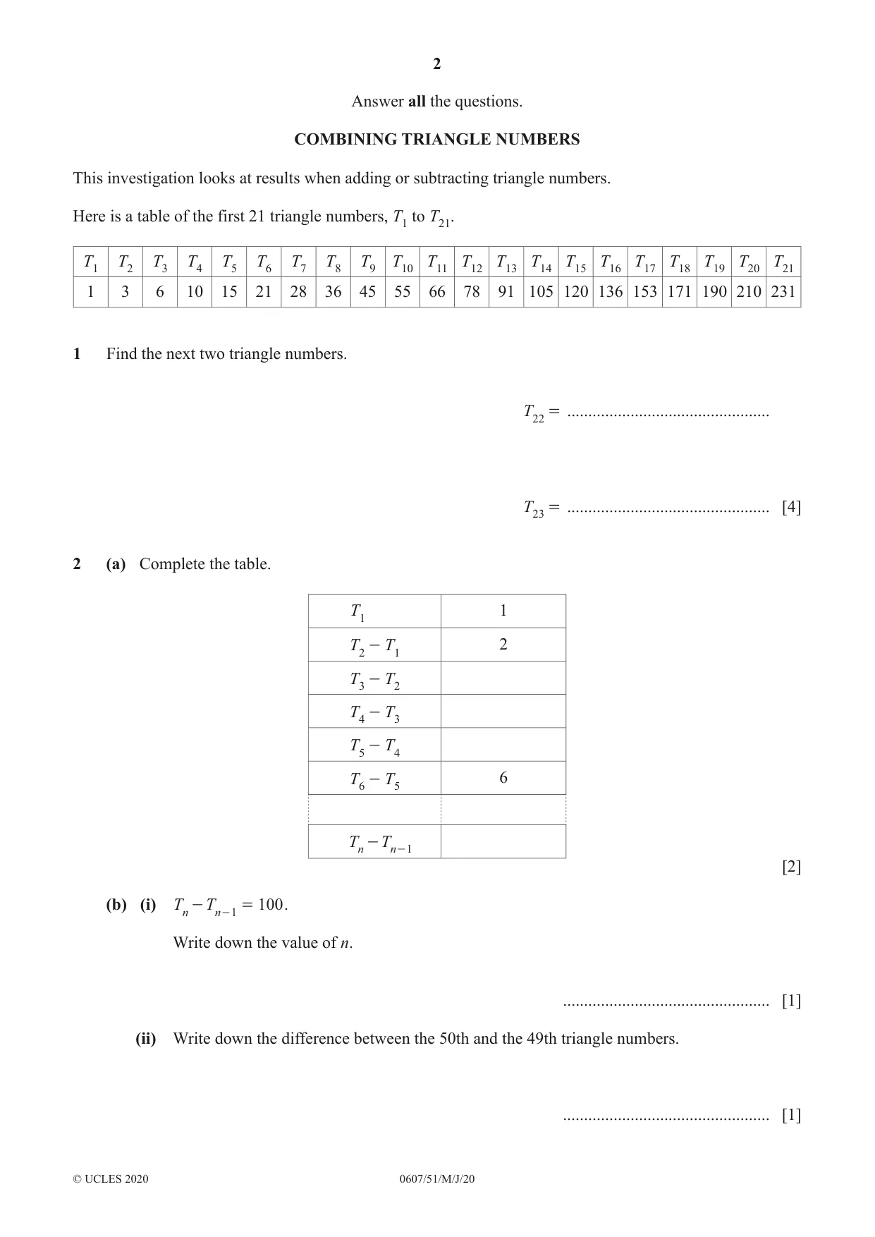 Cambridge IGCSE Mathematics - International 0607 2020 May/June Paper 5 · Variant 1 question paper, page 2 of 8