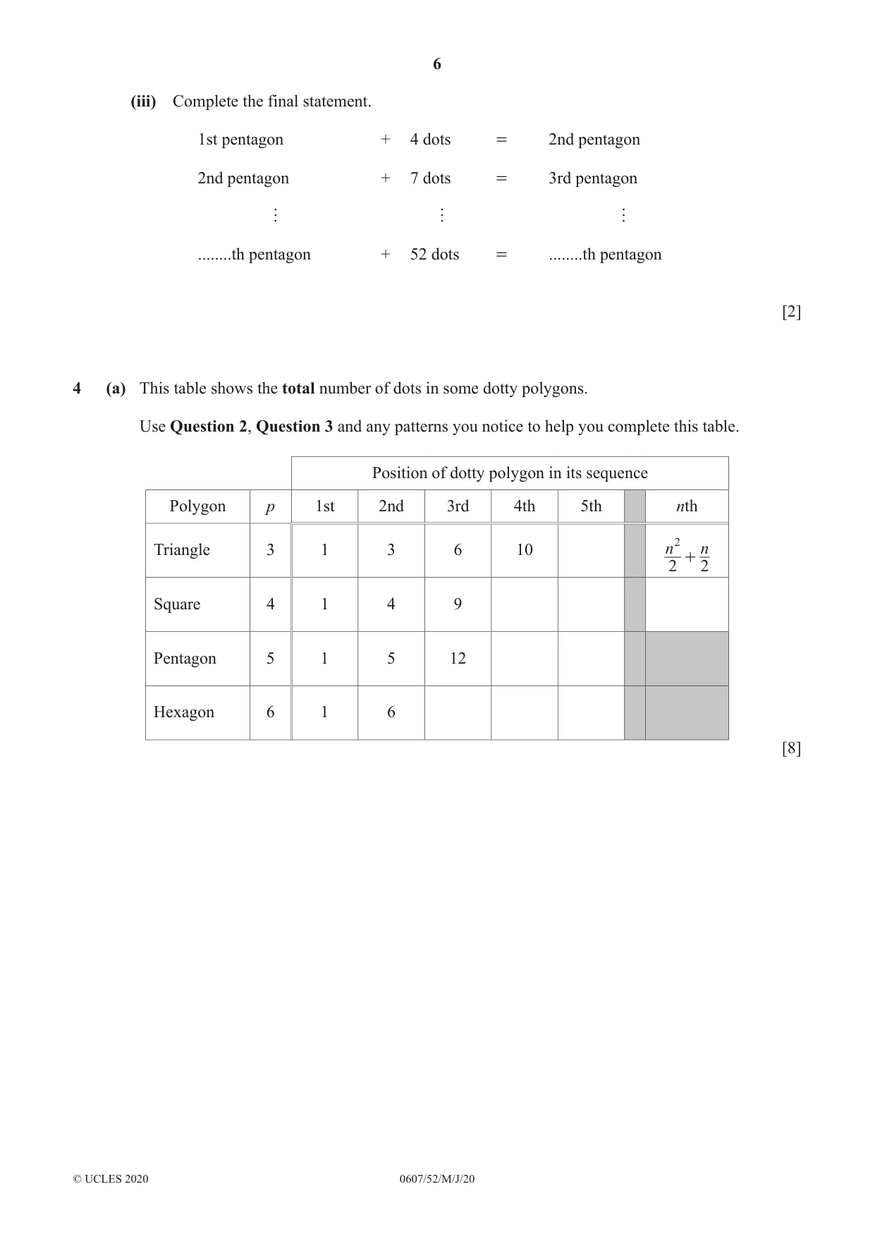 Cambridge IGCSE Mathematics - International 0607 2020 May/June Paper 5 · Variant 2 question paper, page 6 of 8