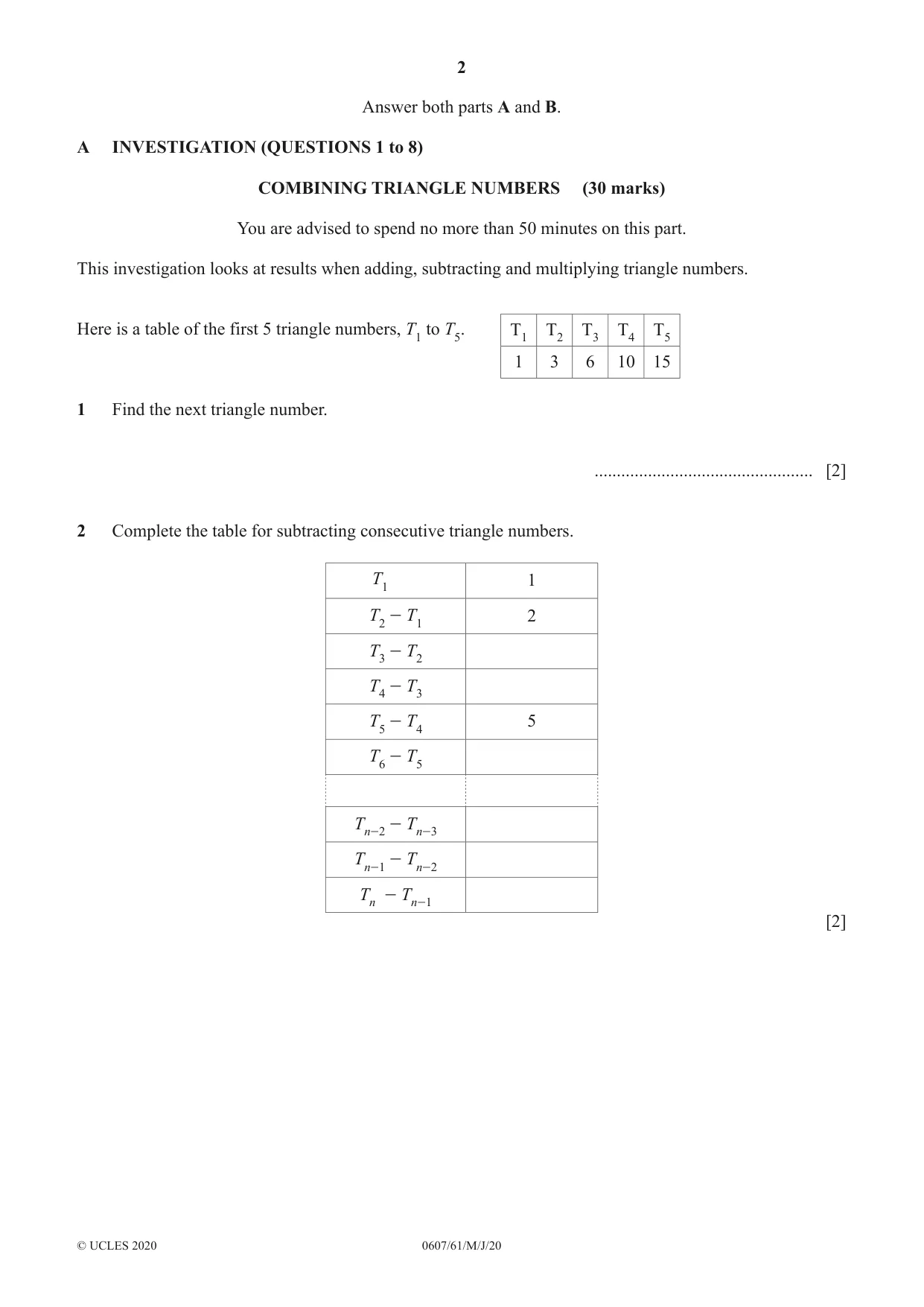 Cambridge IGCSE Mathematics - International 0607 2020 May/June Paper 6 · Variant 1 question paper, page 2 of 12