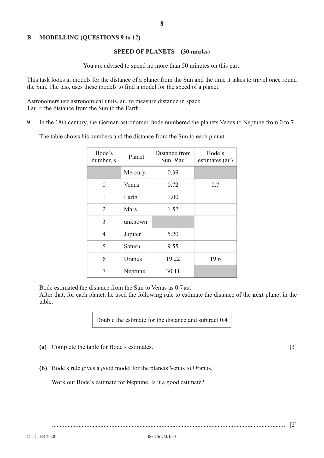 Cambridge IGCSE Mathematics - International 0607 2020 May/June Paper 6 · Variant 1 question paper, page 8 of 12