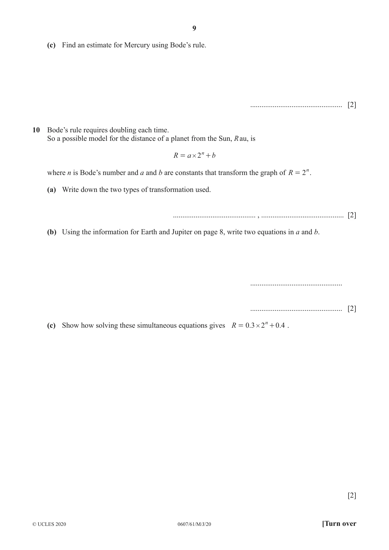 Cambridge IGCSE Mathematics - International 0607 2020 May/June Paper 6 · Variant 1 question paper, page 9 of 12