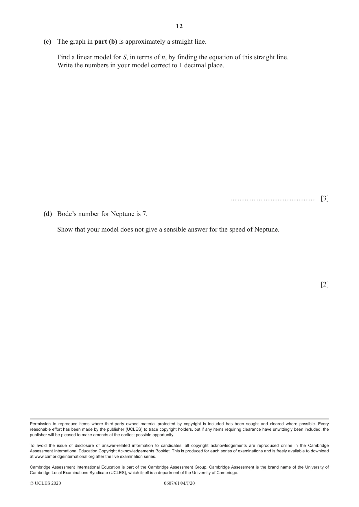 Cambridge IGCSE Mathematics - International 0607 2020 May/June Paper 6 · Variant 1 question paper, page 12 of 12