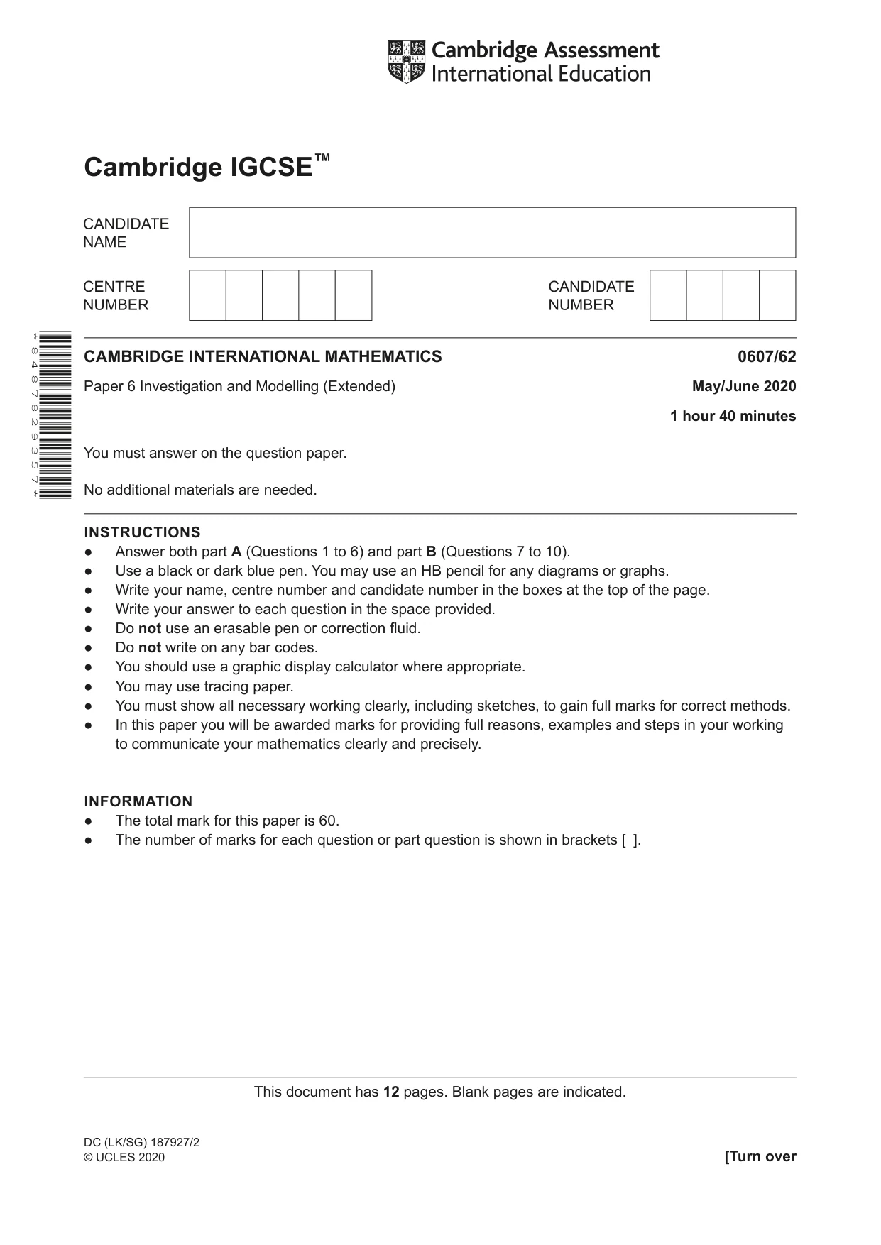 Cambridge IGCSE Mathematics - International 0607 2020 May/June Paper 6 · Variant 2 question paper, page 1 of 12