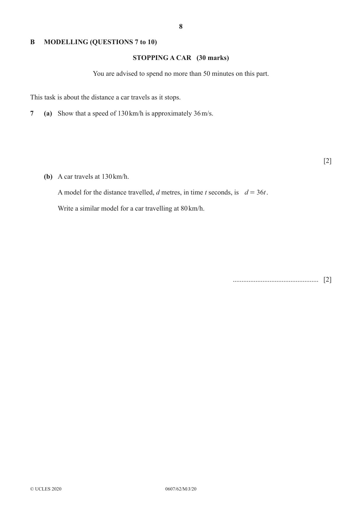 Cambridge IGCSE Mathematics - International 0607 2020 May/June Paper 6 · Variant 2 question paper, page 8 of 12