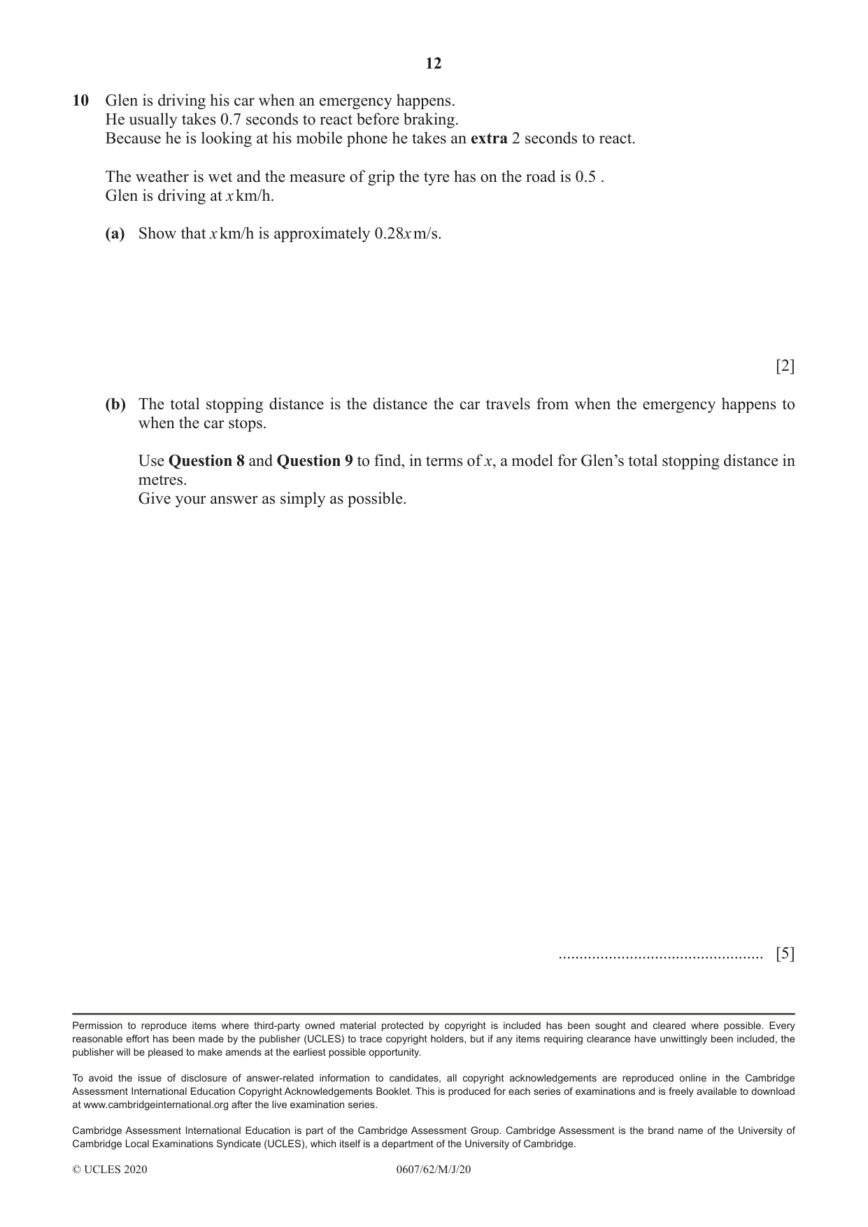 Cambridge IGCSE Mathematics - International 0607 2020 May/June Paper 6 · Variant 2 question paper, page 12 of 12