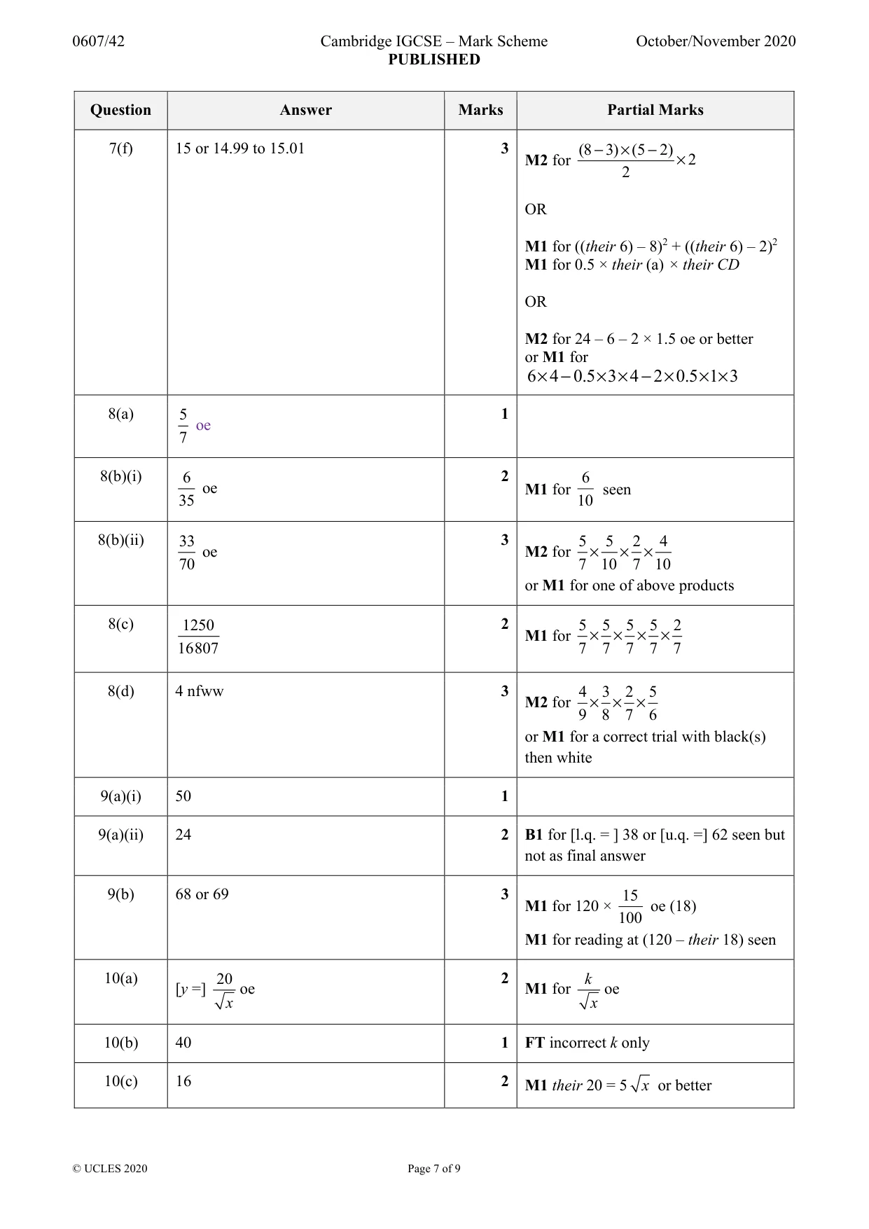 Mark scheme, page 7 of 9