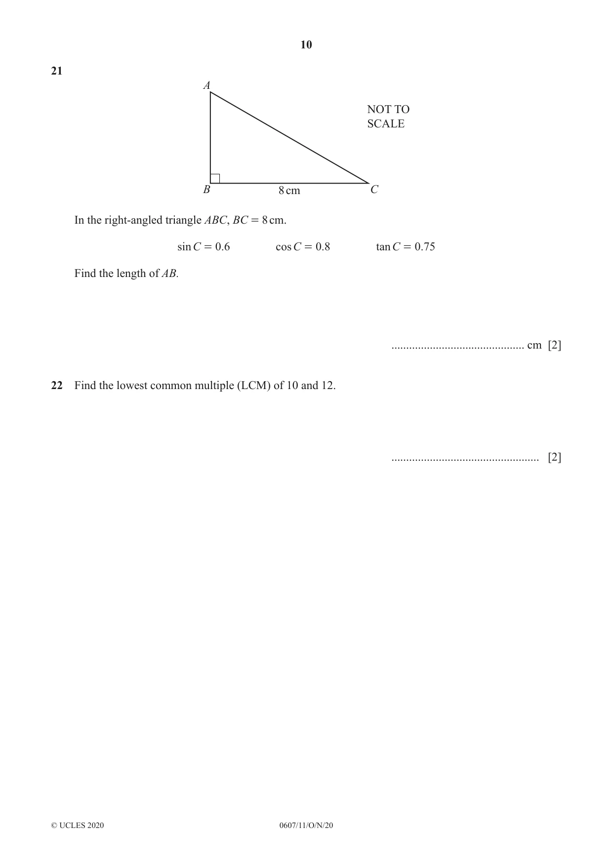 Cambridge IGCSE Mathematics - International 0607 2020 Oct/Nov Paper 1 · Variant 1 question paper, page 10 of 12