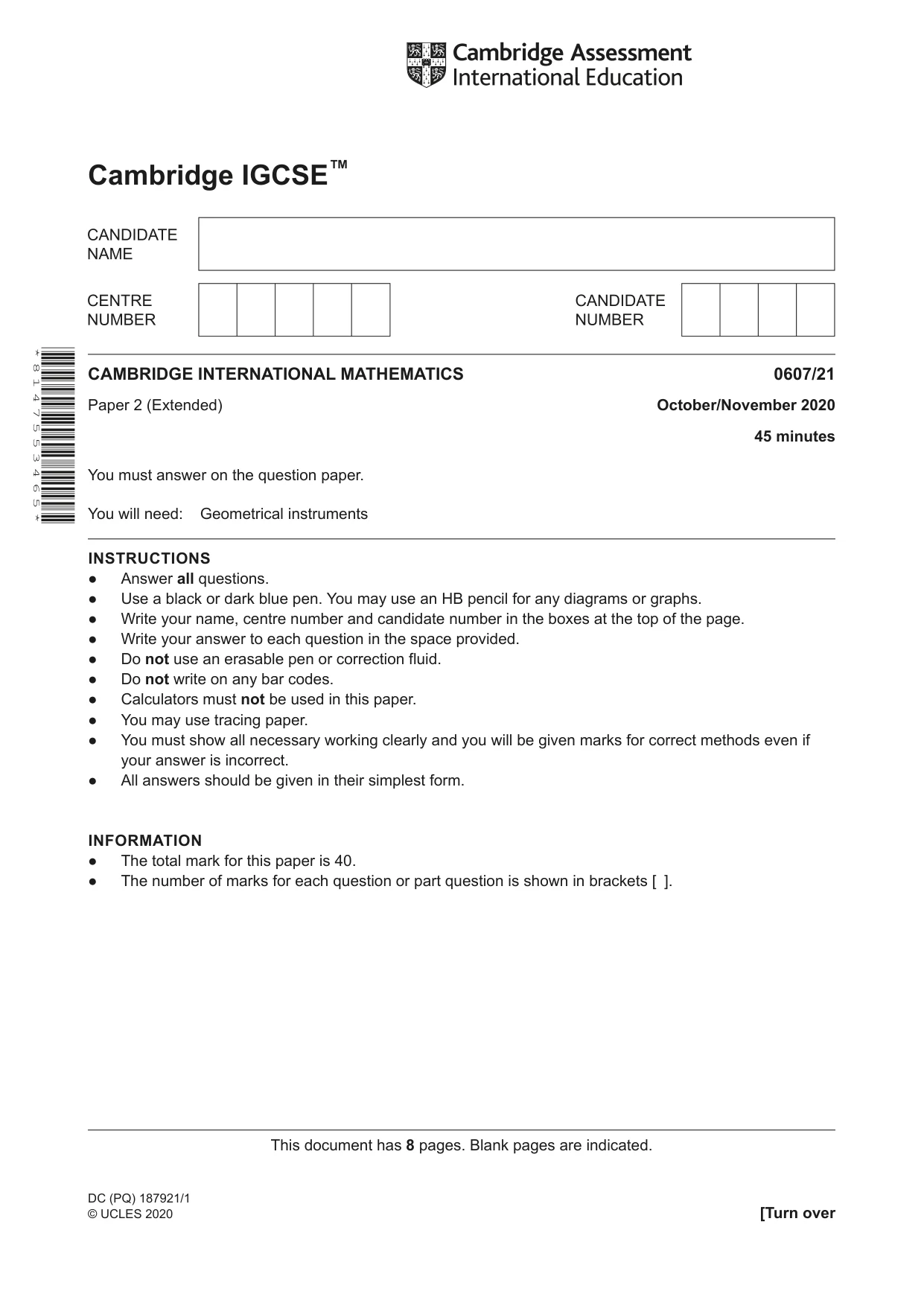 Cambridge IGCSE Mathematics - International 0607 2020 Oct/Nov Paper 2 · Variant 1 question paper, page 1 of 8