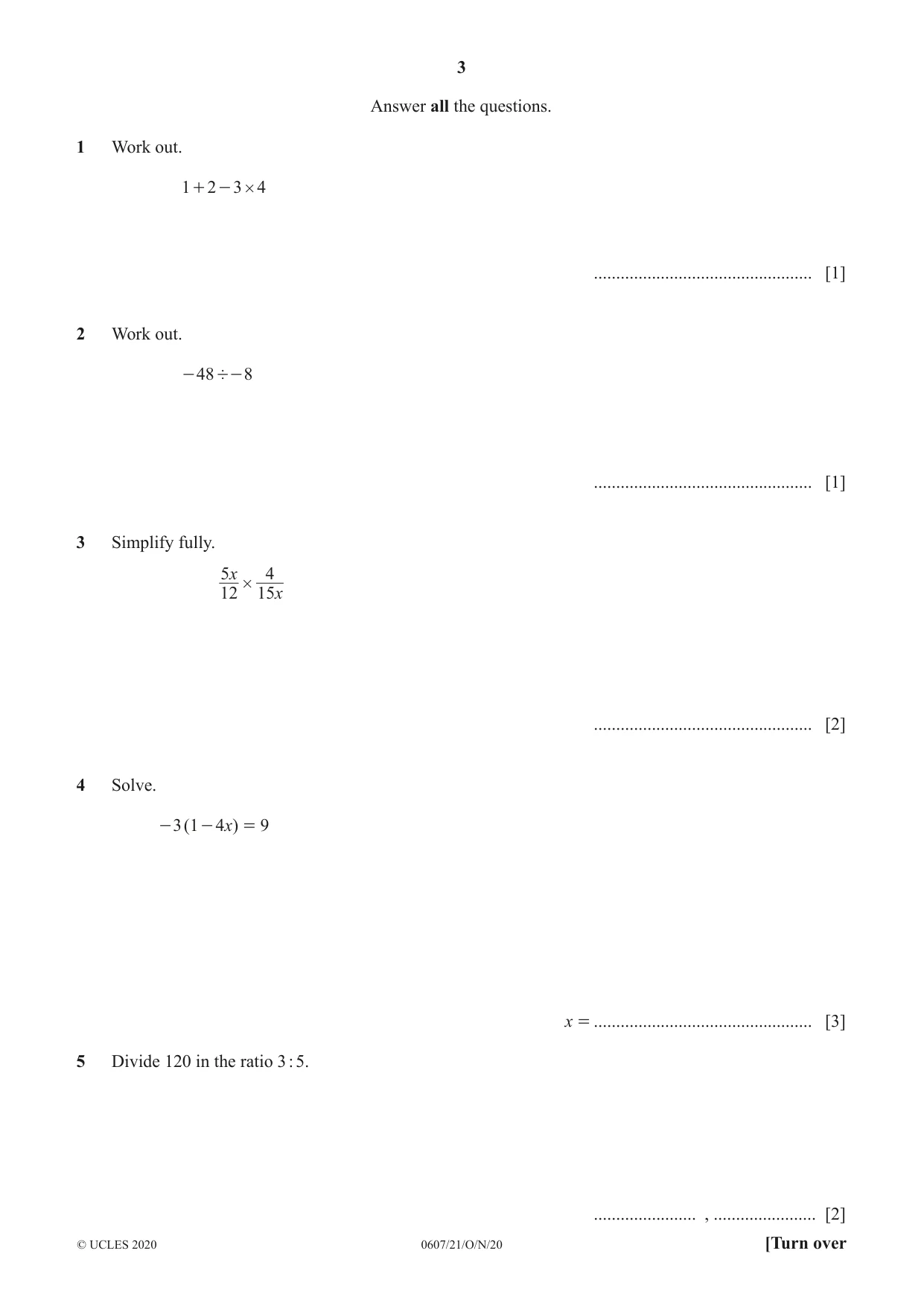 Cambridge IGCSE Mathematics - International 0607 2020 Oct/Nov Paper 2 · Variant 1 question paper, page 3 of 8