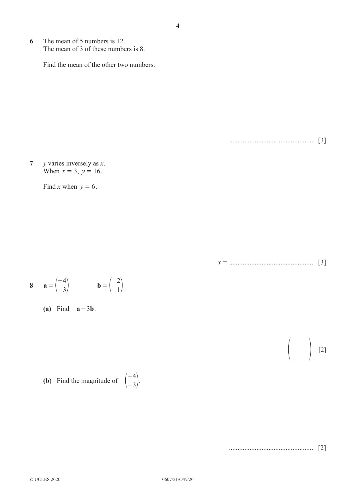 Cambridge IGCSE Mathematics - International 0607 2020 Oct/Nov Paper 2 · Variant 1 question paper, page 4 of 8