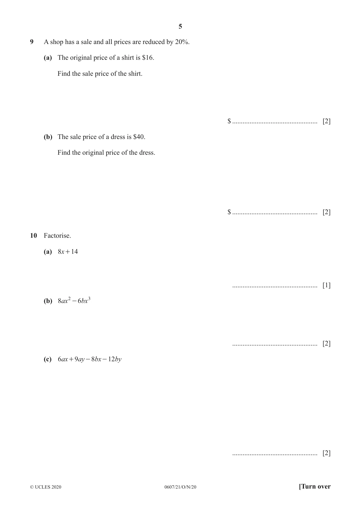 Cambridge IGCSE Mathematics - International 0607 2020 Oct/Nov Paper 2 · Variant 1 question paper, page 5 of 8