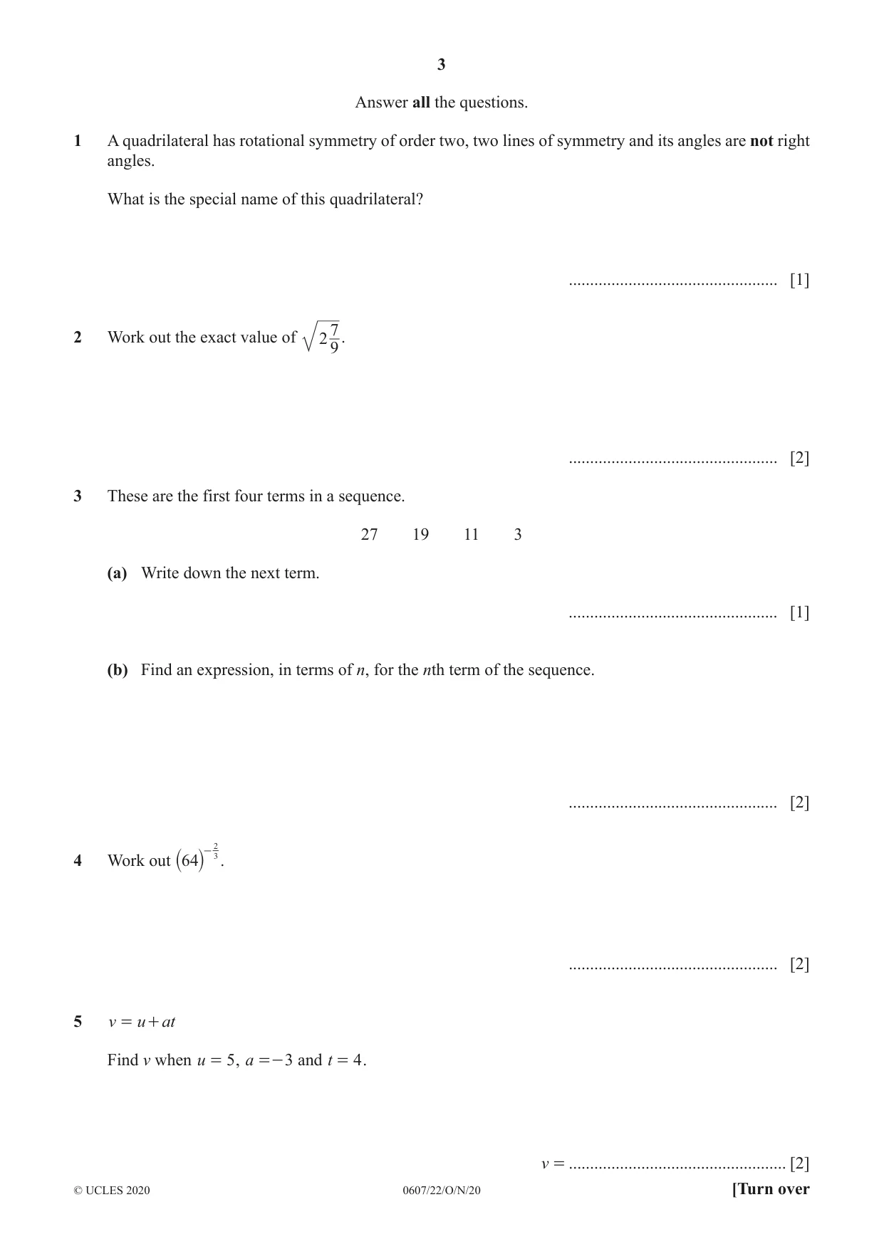 Cambridge IGCSE Mathematics - International 0607 2020 Oct/Nov Paper 2 · Variant 2 question paper, page 3 of 8