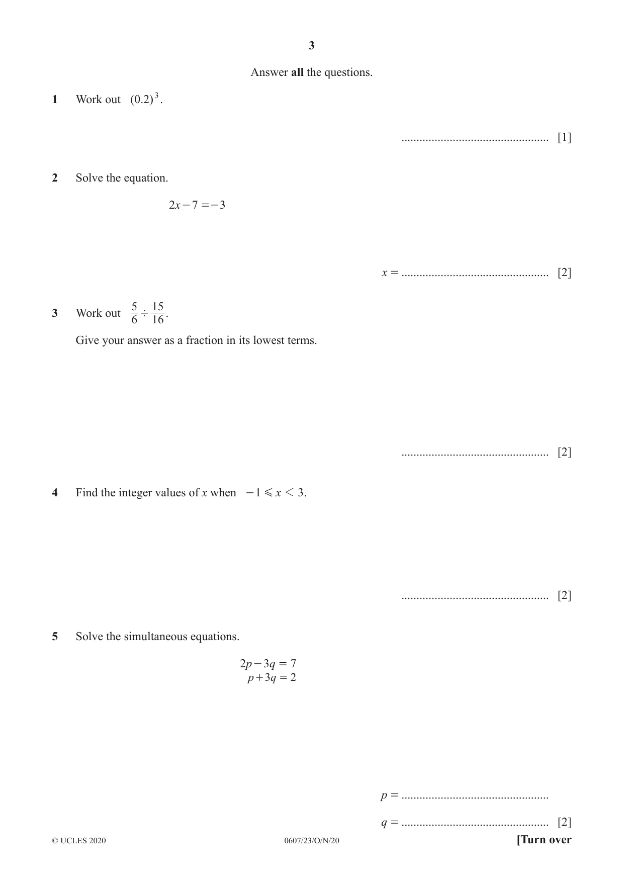 Cambridge IGCSE Mathematics - International 0607 2020 Oct/Nov Paper 2 · Variant 3 question paper, page 3 of 8