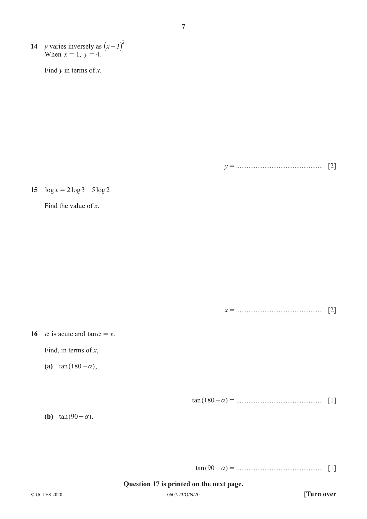 Cambridge IGCSE Mathematics - International 0607 2020 Oct/Nov Paper 2 · Variant 3 question paper, page 7 of 8