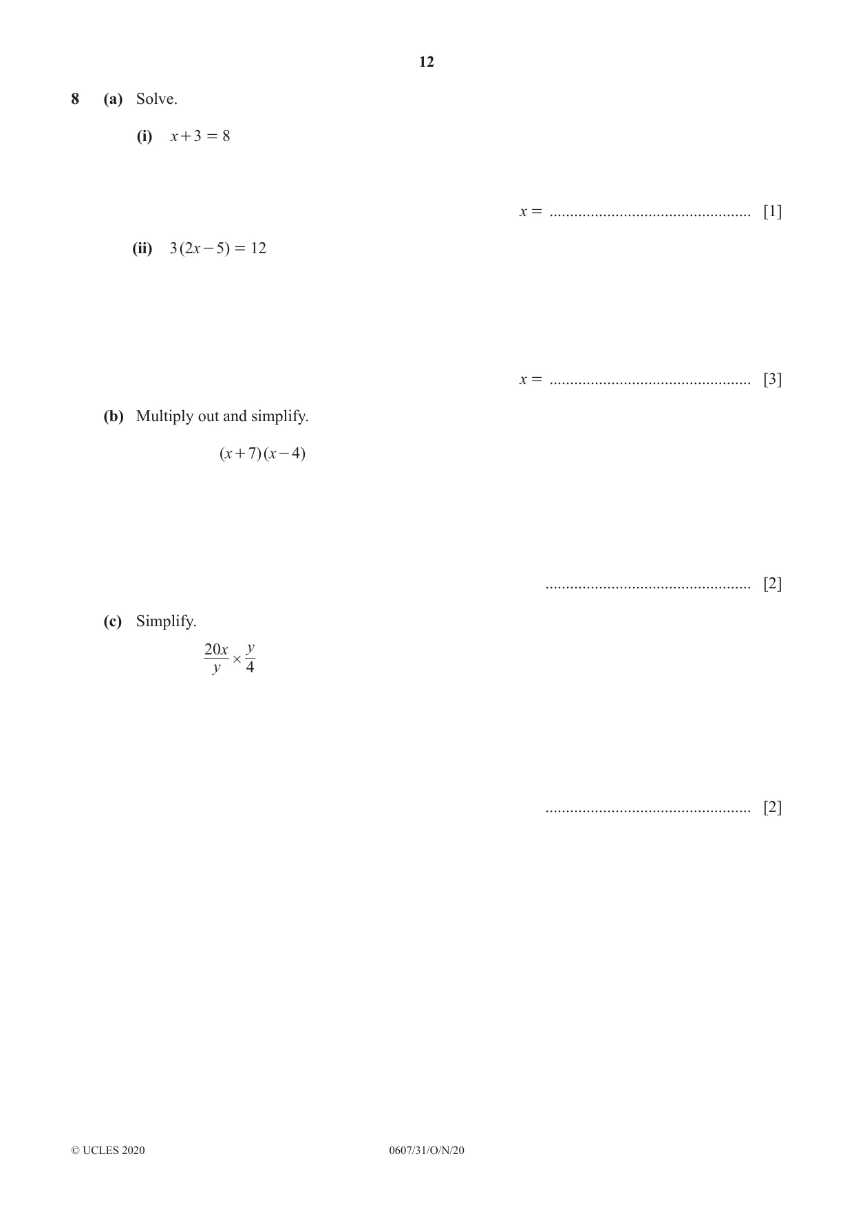 Cambridge IGCSE Mathematics - International 0607 2020 Oct/Nov Paper 3 · Variant 1 question paper, page 12 of 20