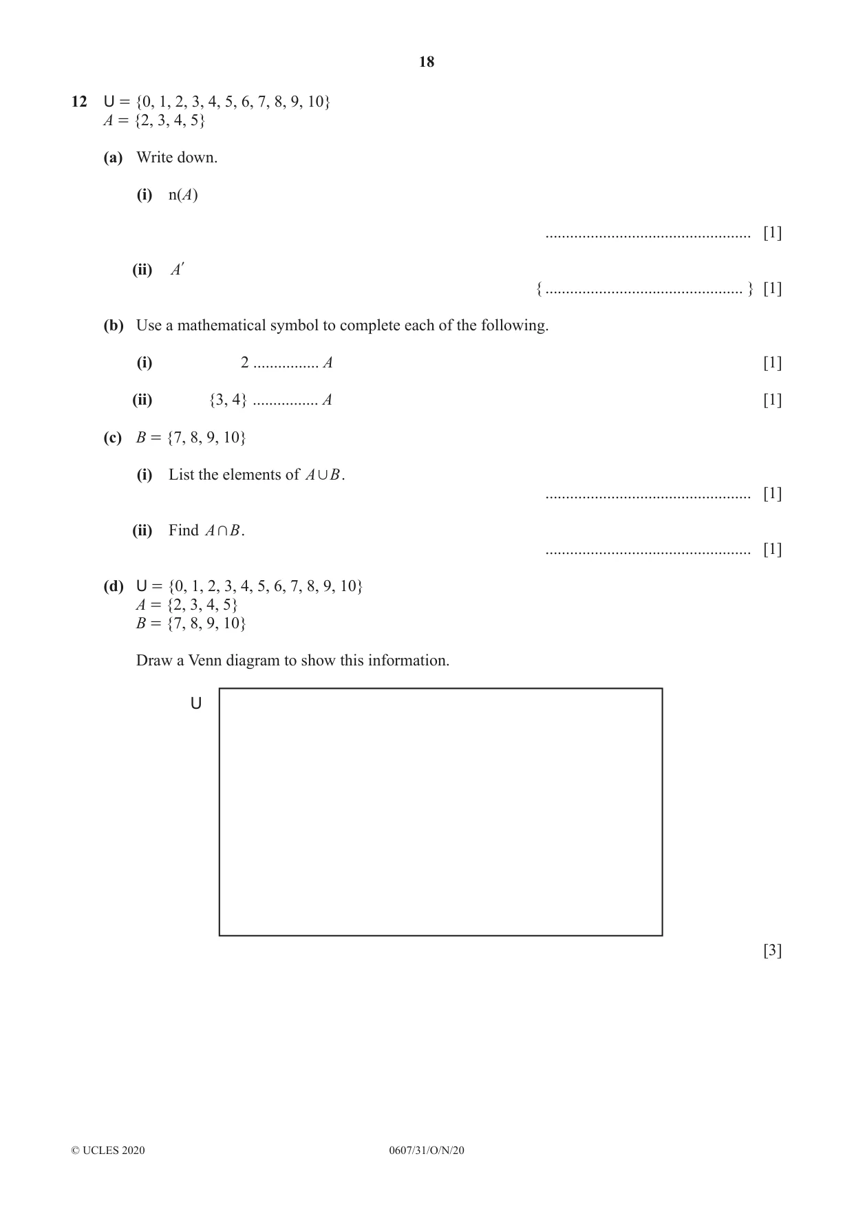 Cambridge IGCSE Mathematics - International 0607 2020 Oct/Nov Paper 3 · Variant 1 question paper, page 18 of 20