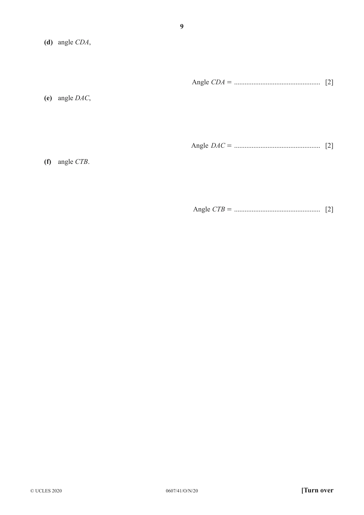 Cambridge IGCSE Mathematics - International 0607 2020 Oct/Nov Paper 4 · Variant 1 question paper, page 9 of 20