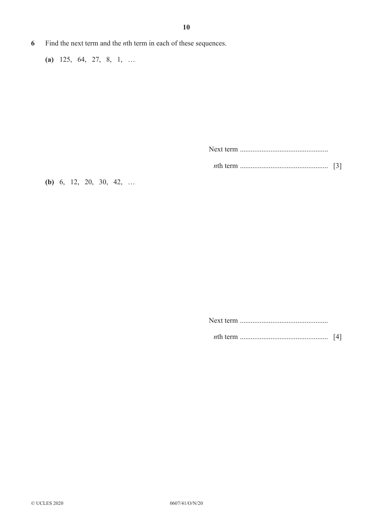 Cambridge IGCSE Mathematics - International 0607 2020 Oct/Nov Paper 4 · Variant 1 question paper, page 10 of 20
