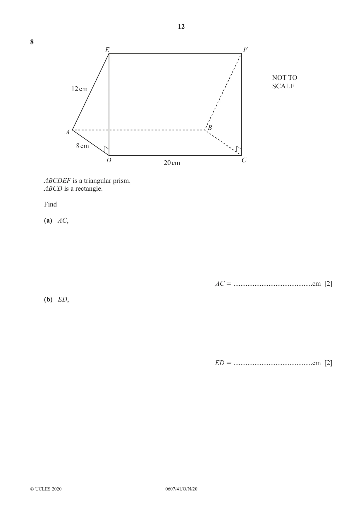 Cambridge IGCSE Mathematics - International 0607 2020 Oct/Nov Paper 4 · Variant 1 question paper, page 12 of 20