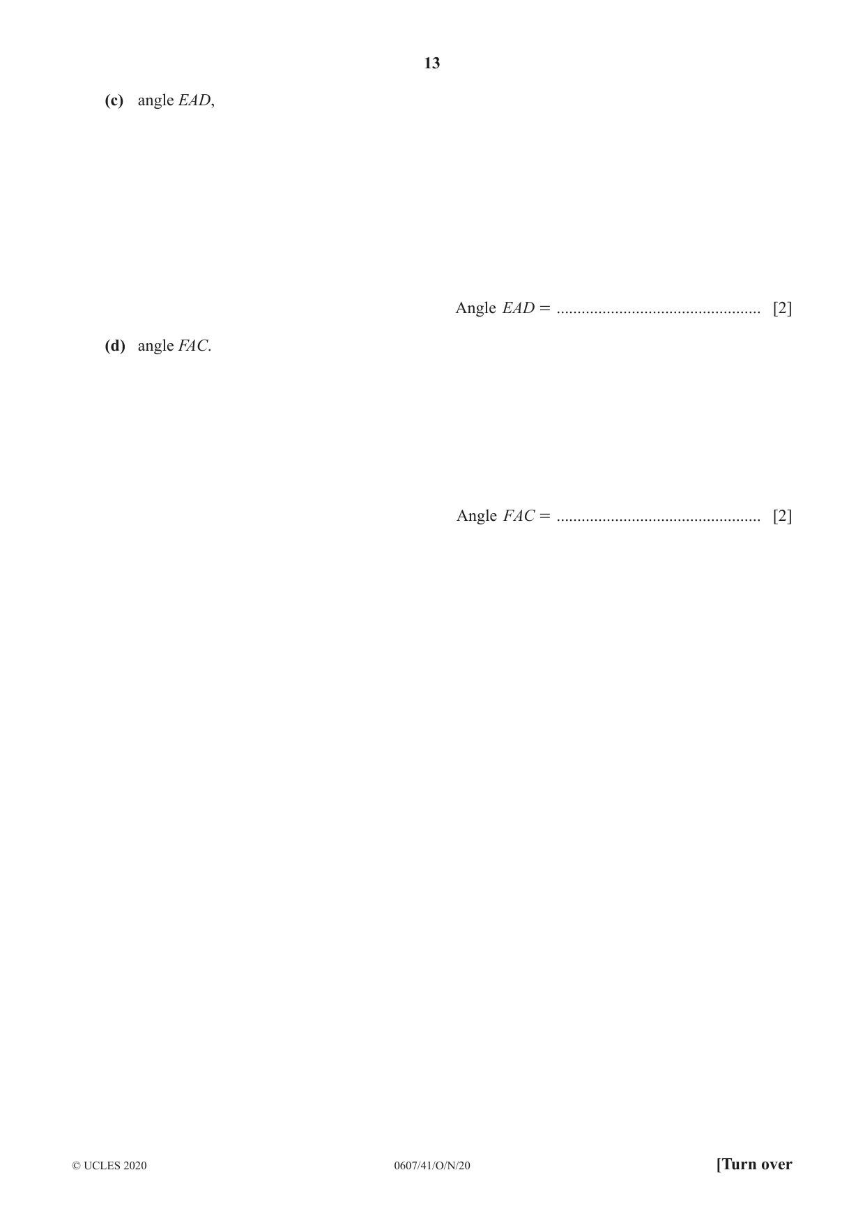 Cambridge IGCSE Mathematics - International 0607 2020 Oct/Nov Paper 4 · Variant 1 question paper, page 13 of 20