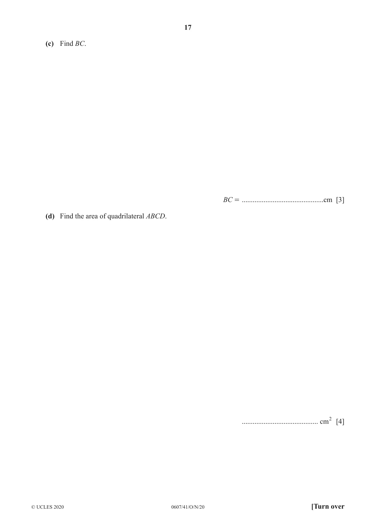 Cambridge IGCSE Mathematics - International 0607 2020 Oct/Nov Paper 4 · Variant 1 question paper, page 17 of 20