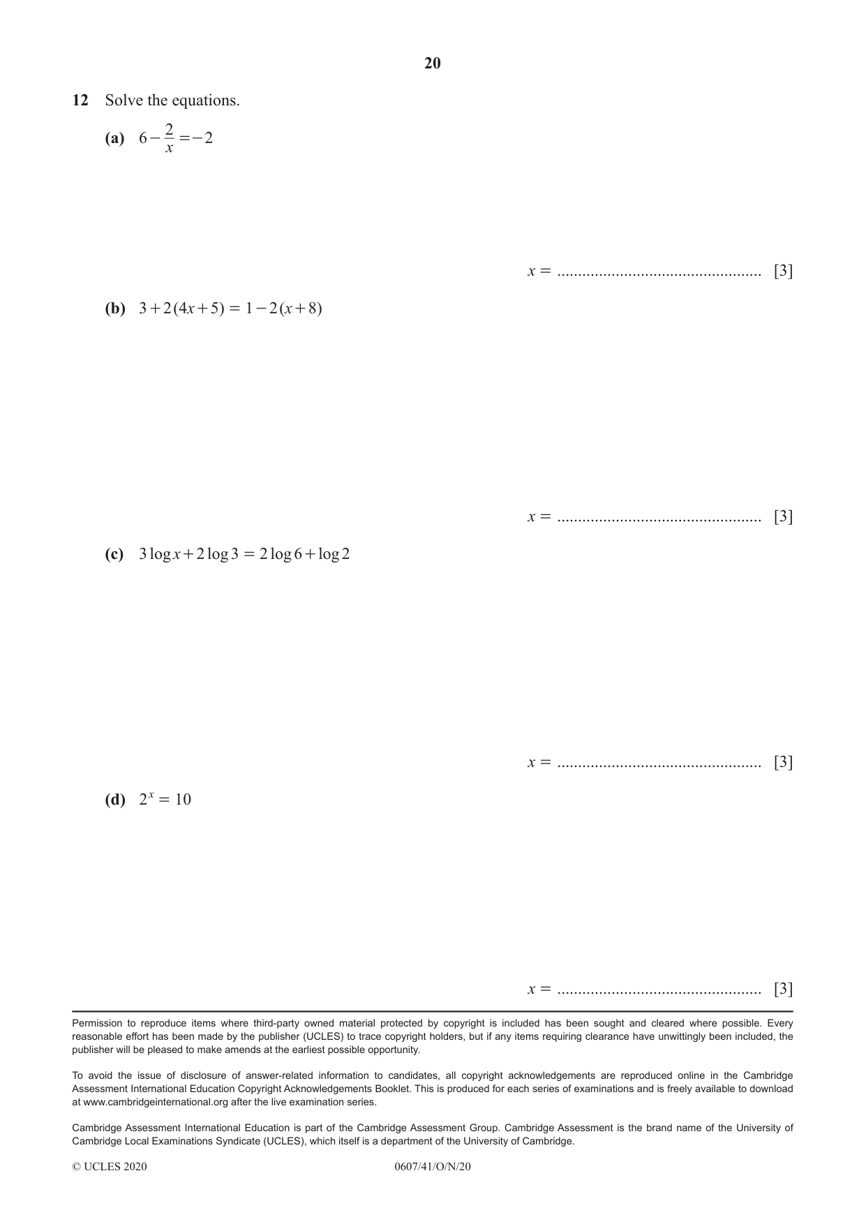 Cambridge IGCSE Mathematics - International 0607 2020 Oct/Nov Paper 4 · Variant 1 question paper, page 20 of 20