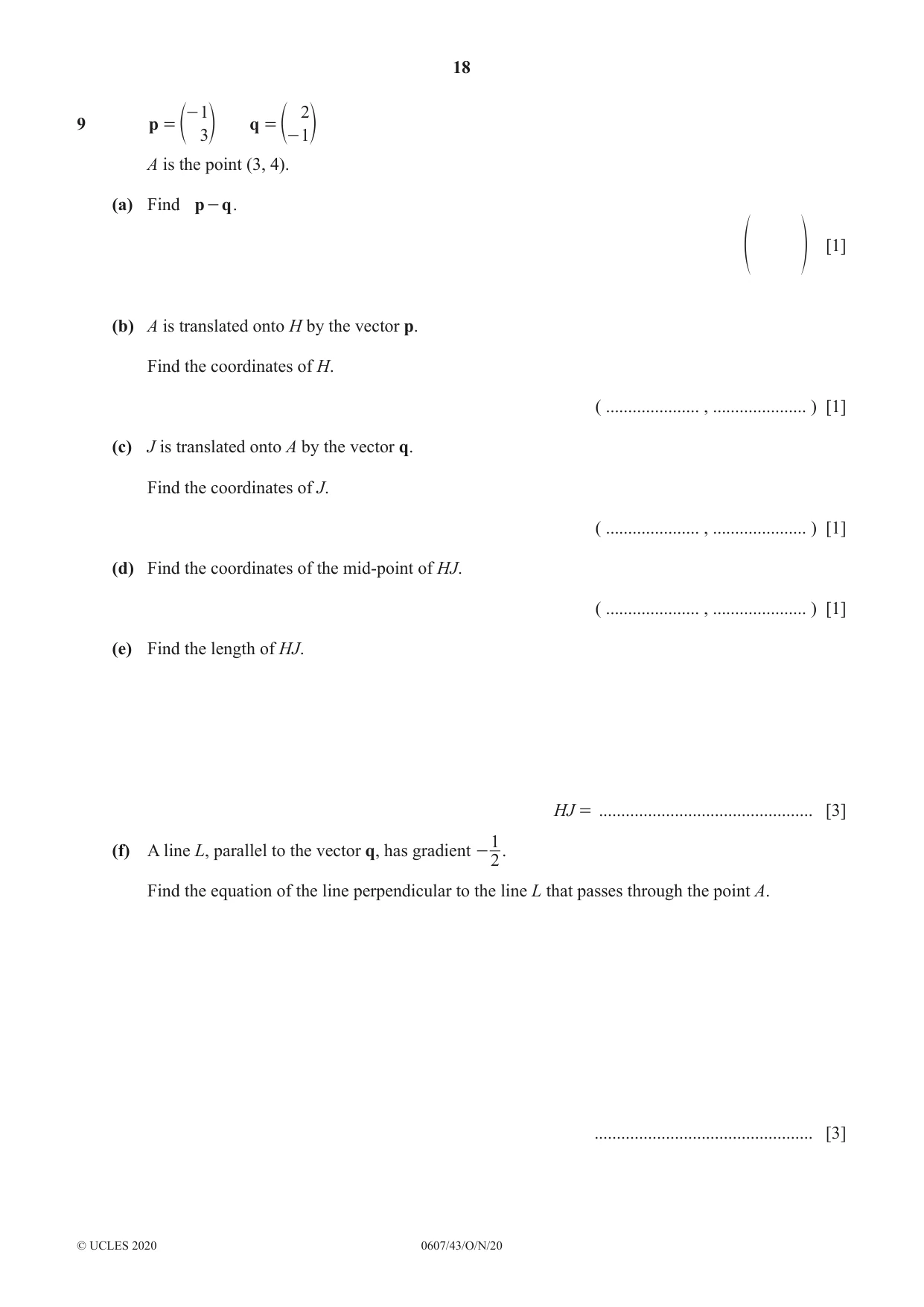 Cambridge IGCSE Mathematics - International 0607 2020 Oct/Nov Paper 4 · Variant 3 question paper, page 18 of 20