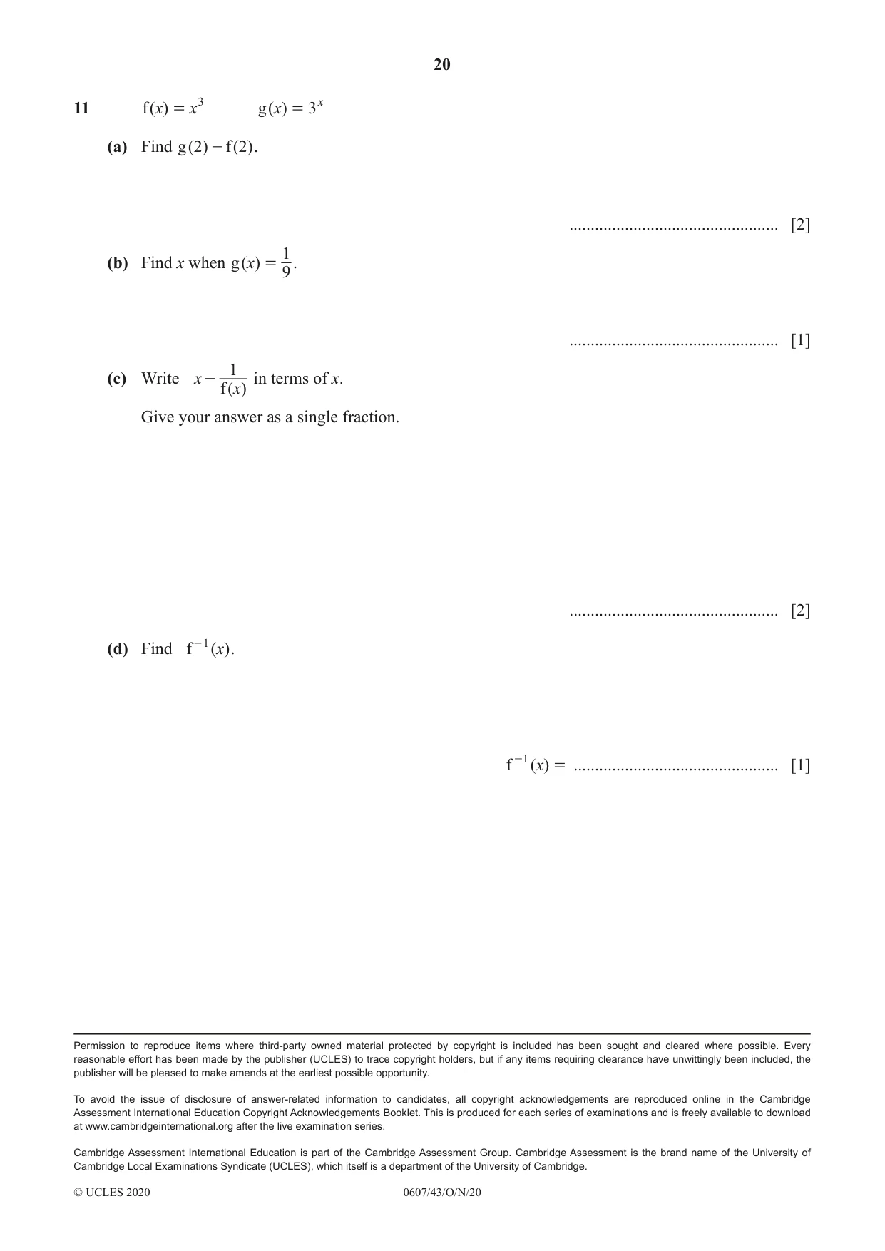 Cambridge IGCSE Mathematics - International 0607 2020 Oct/Nov Paper 4 · Variant 3 question paper, page 20 of 20