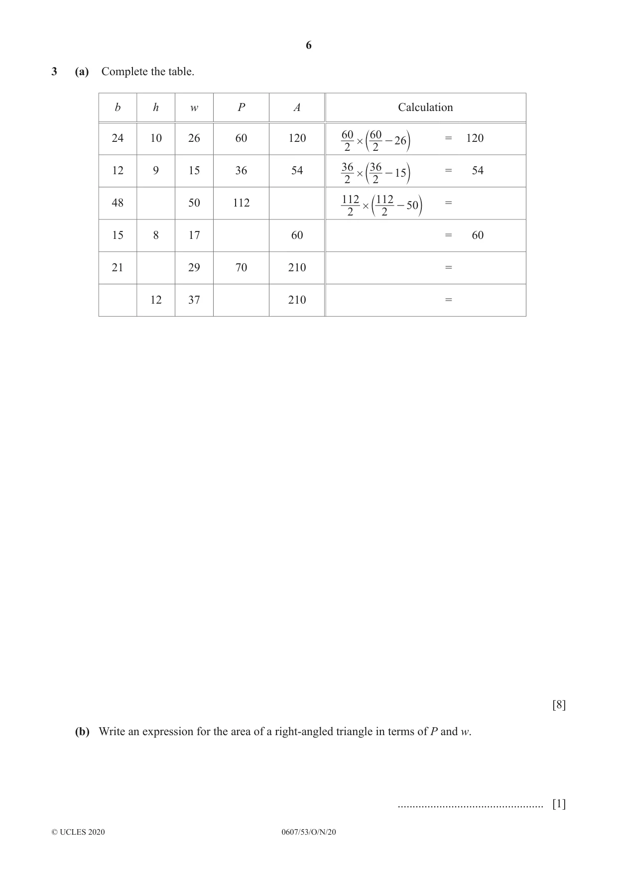 Cambridge IGCSE Mathematics - International 0607 2020 Oct/Nov Paper 5 · Variant 3 question paper, page 6 of 8