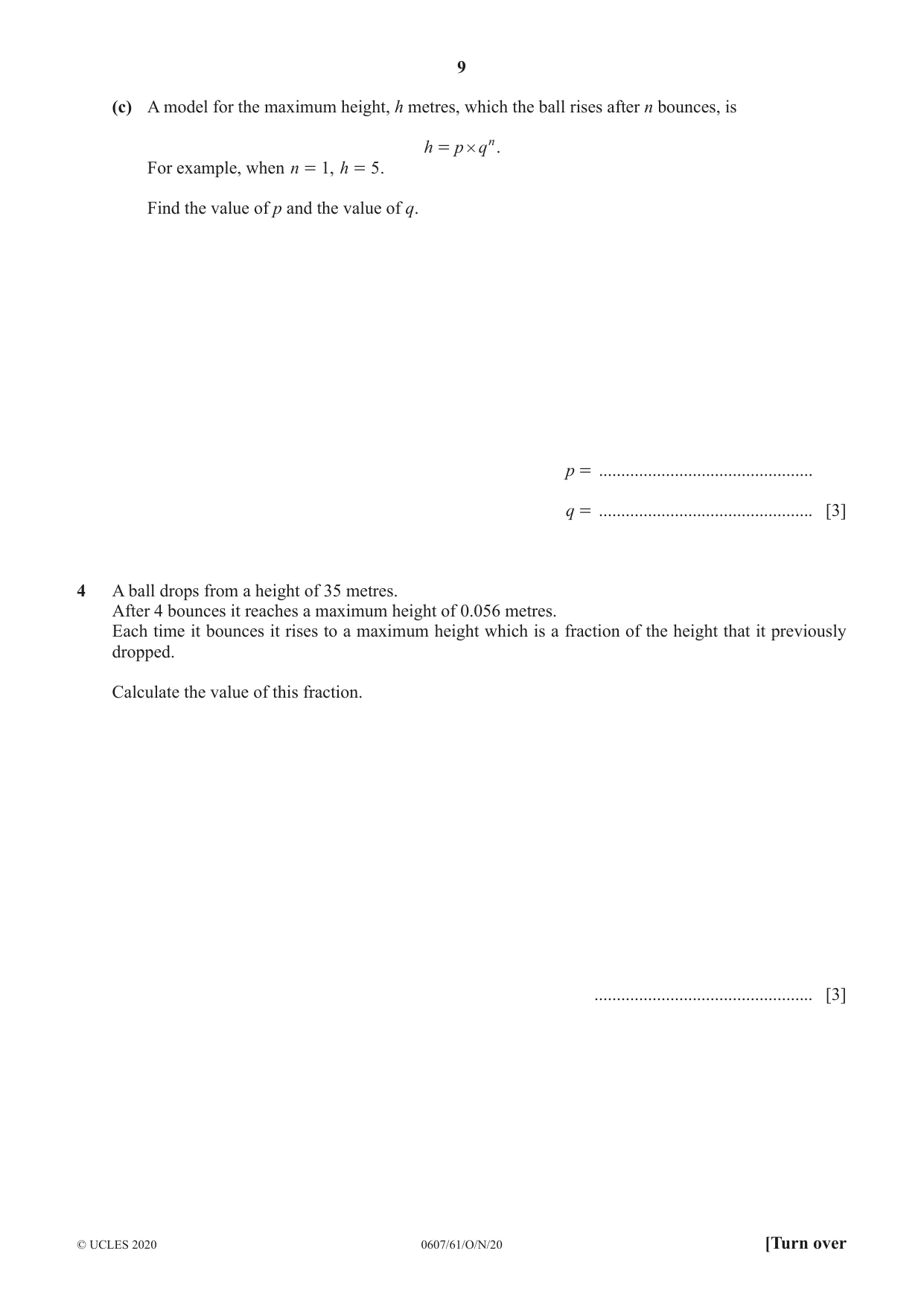 Cambridge IGCSE Mathematics - International 0607 2020 Oct/Nov Paper 6 · Variant 1 question paper, page 9 of 12