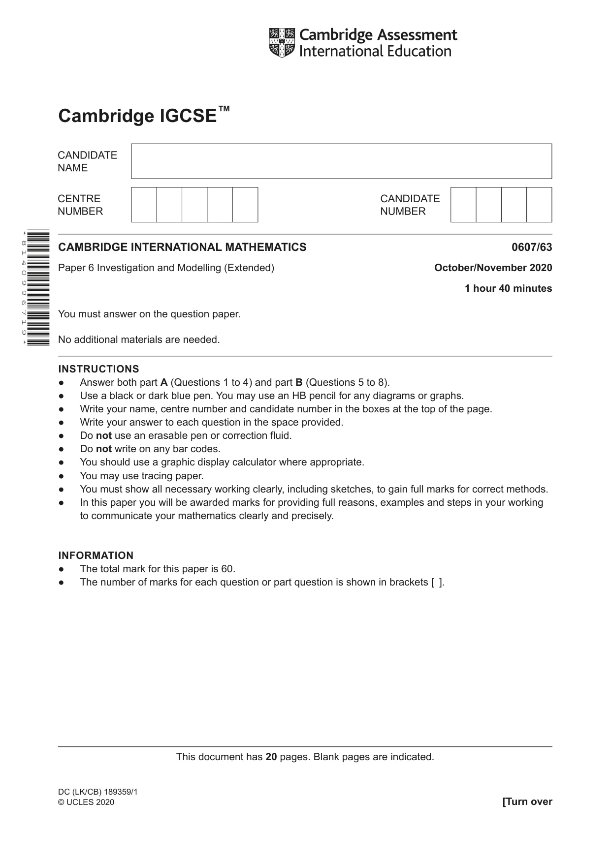 Cambridge IGCSE Mathematics - International 0607 2020 Oct/Nov Paper 6 · Variant 3 question paper, page 1 of 20