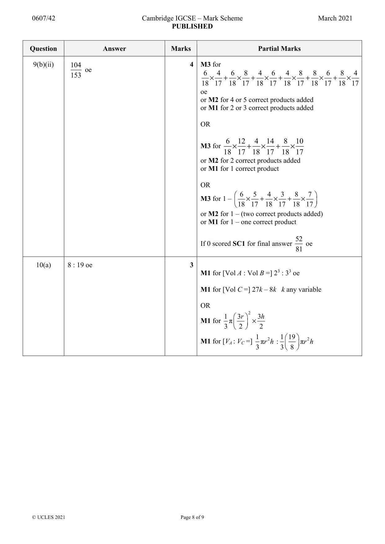 Mark scheme, page 8 of 9