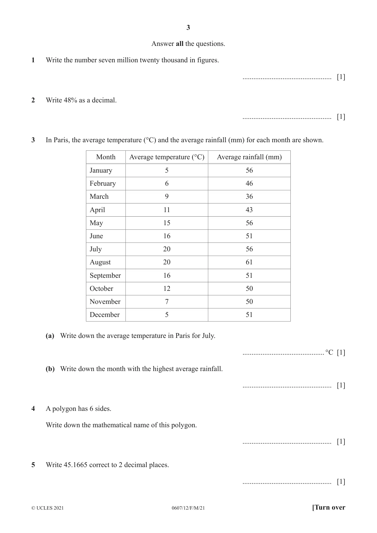 Cambridge IGCSE Mathematics - International 0607 2021 Feb/March Paper 1 · Variant 2 question paper, page 3 of 8