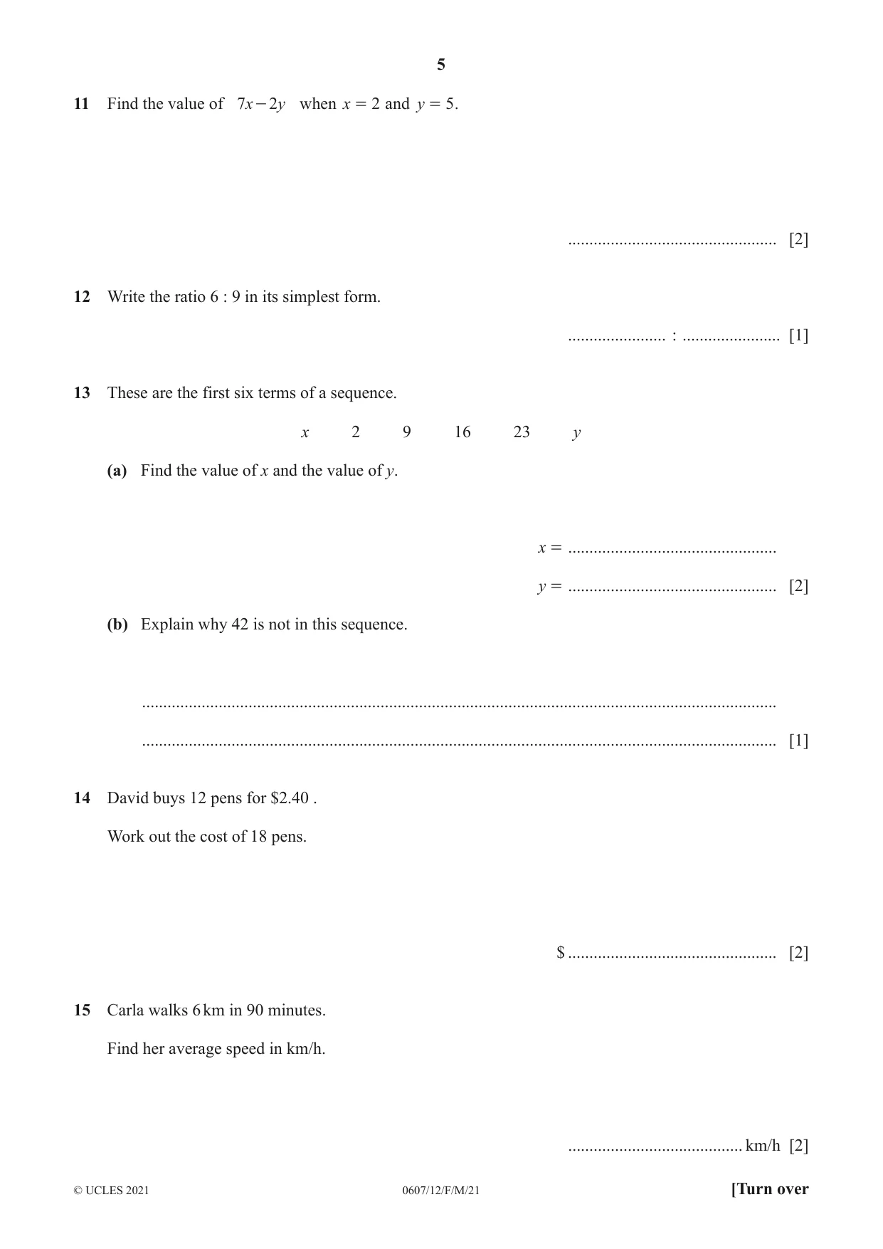 Cambridge IGCSE Mathematics - International 0607 2021 Feb/March Paper 1 · Variant 2 question paper, page 5 of 8