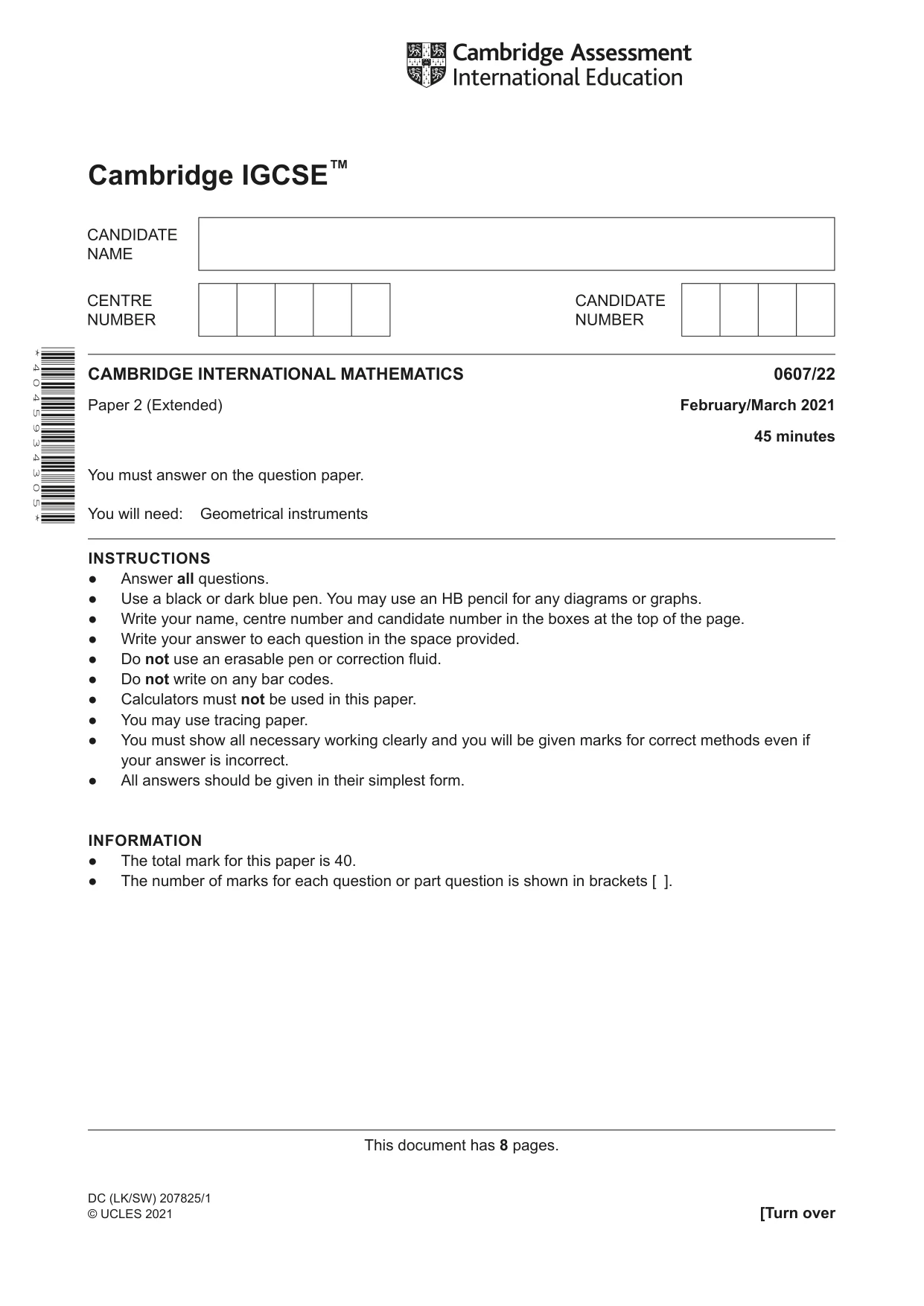 Cambridge IGCSE Mathematics - International 0607 2021 Feb/March Paper 2 · Variant 2 question paper, page 1 of 8