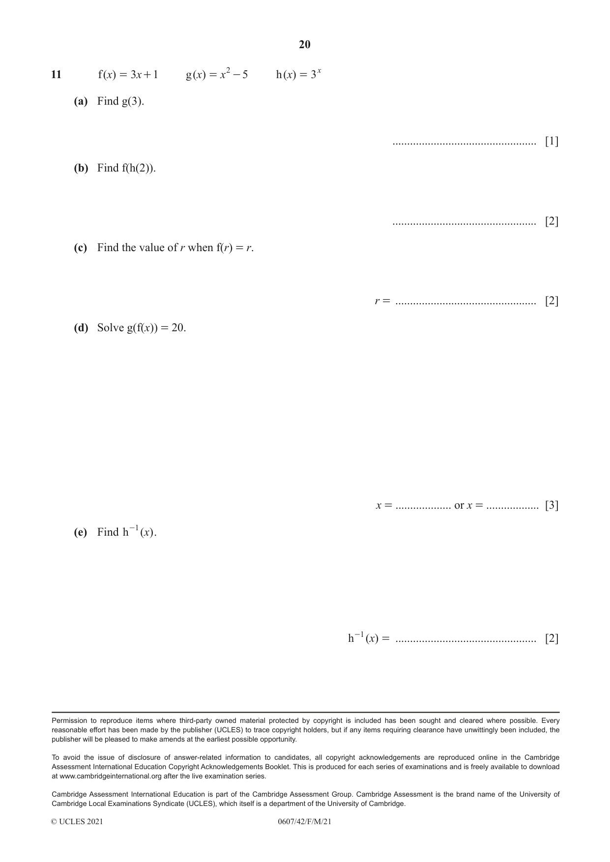 Cambridge IGCSE Mathematics - International 0607 2021 Feb/March Paper 4 · Variant 2 question paper, page 20 of 20